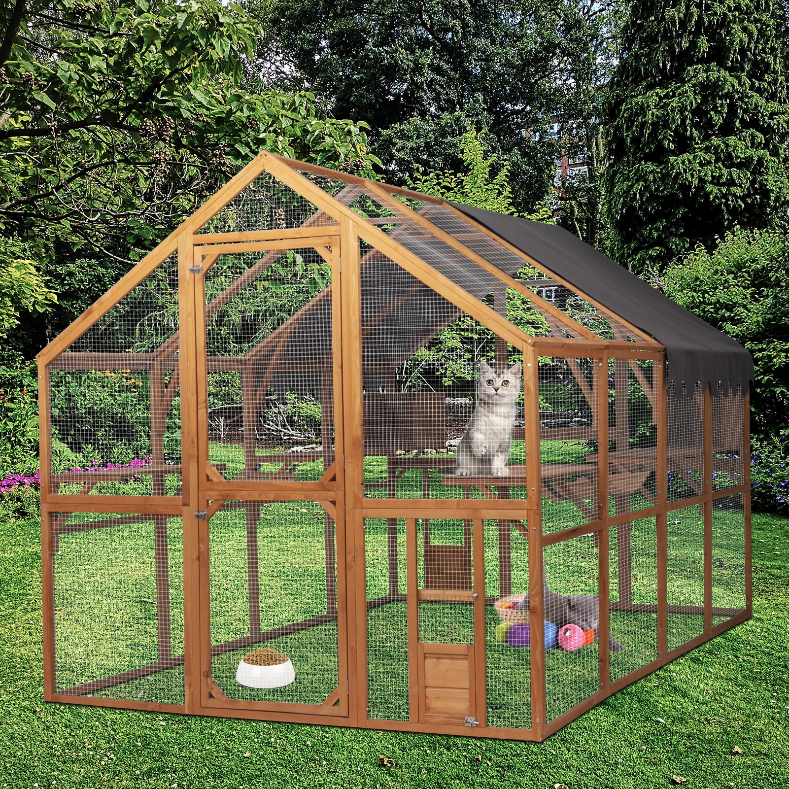 KINFFICT Extra Large Cat House Outdoor, Walk-in Enclosure Wooden Catio Cage with Bridges, Platforms, Rest Rooms, Roof Cover, 151 lb, Walnut