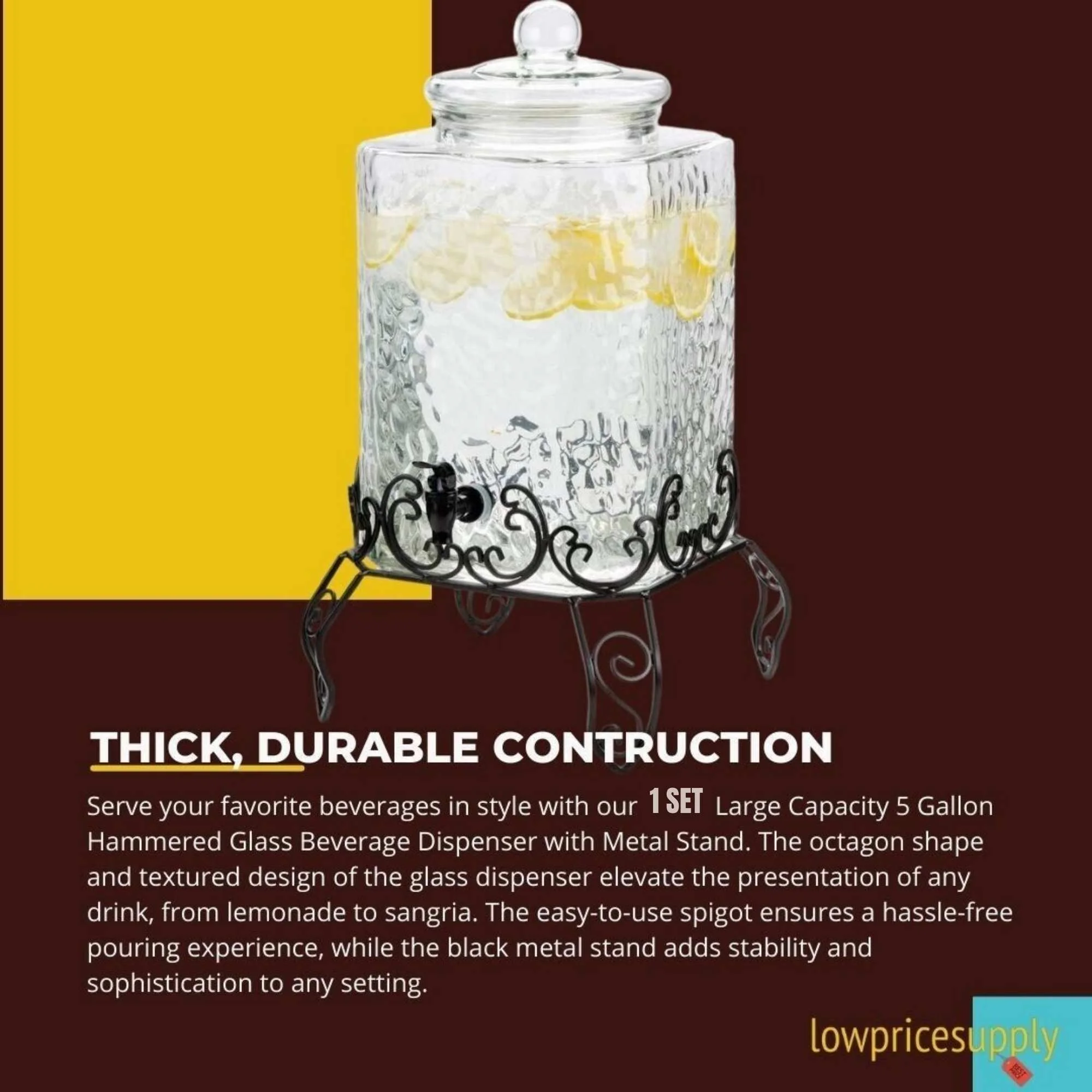 5 Gallon Hammered Glass Beverage Dispenser with Metal Stand - COMPLETE SET