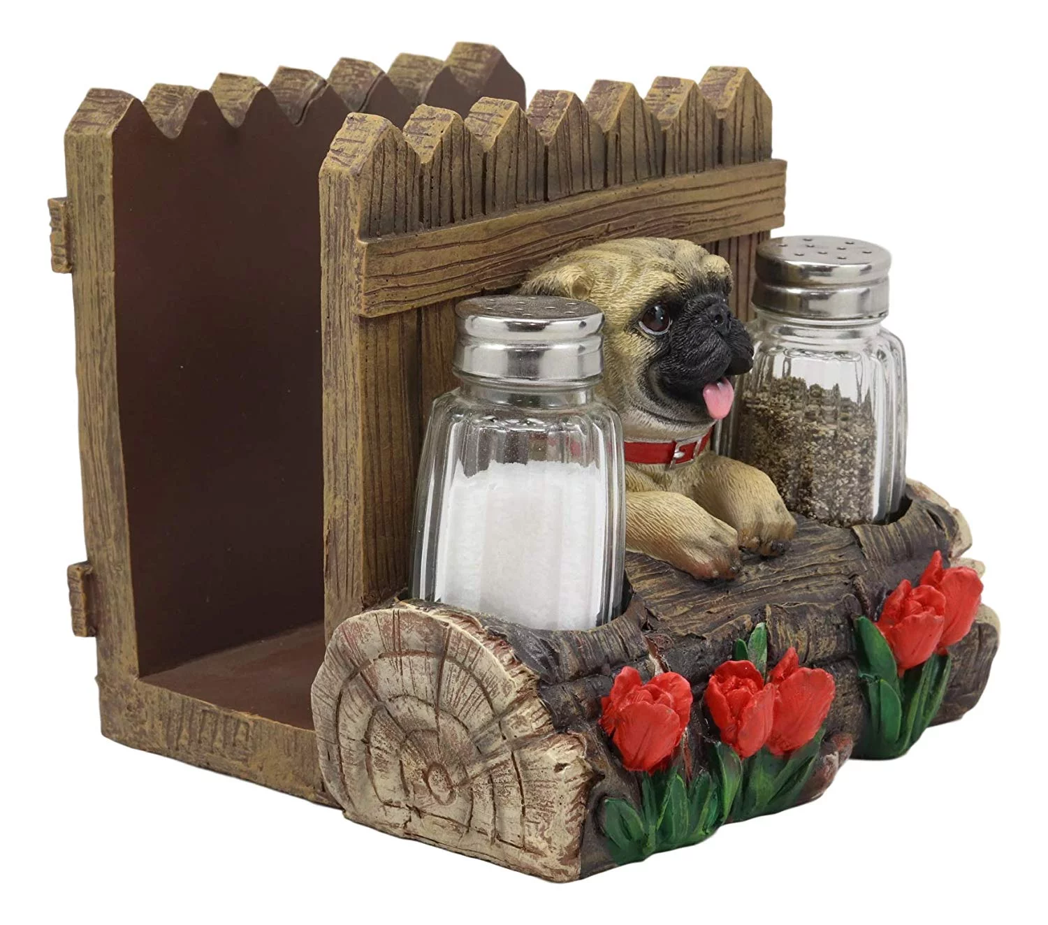 Panting Pug Dog By Fences & Flower Bed Dinner Napkin Salt Pepper Shakers Holder
