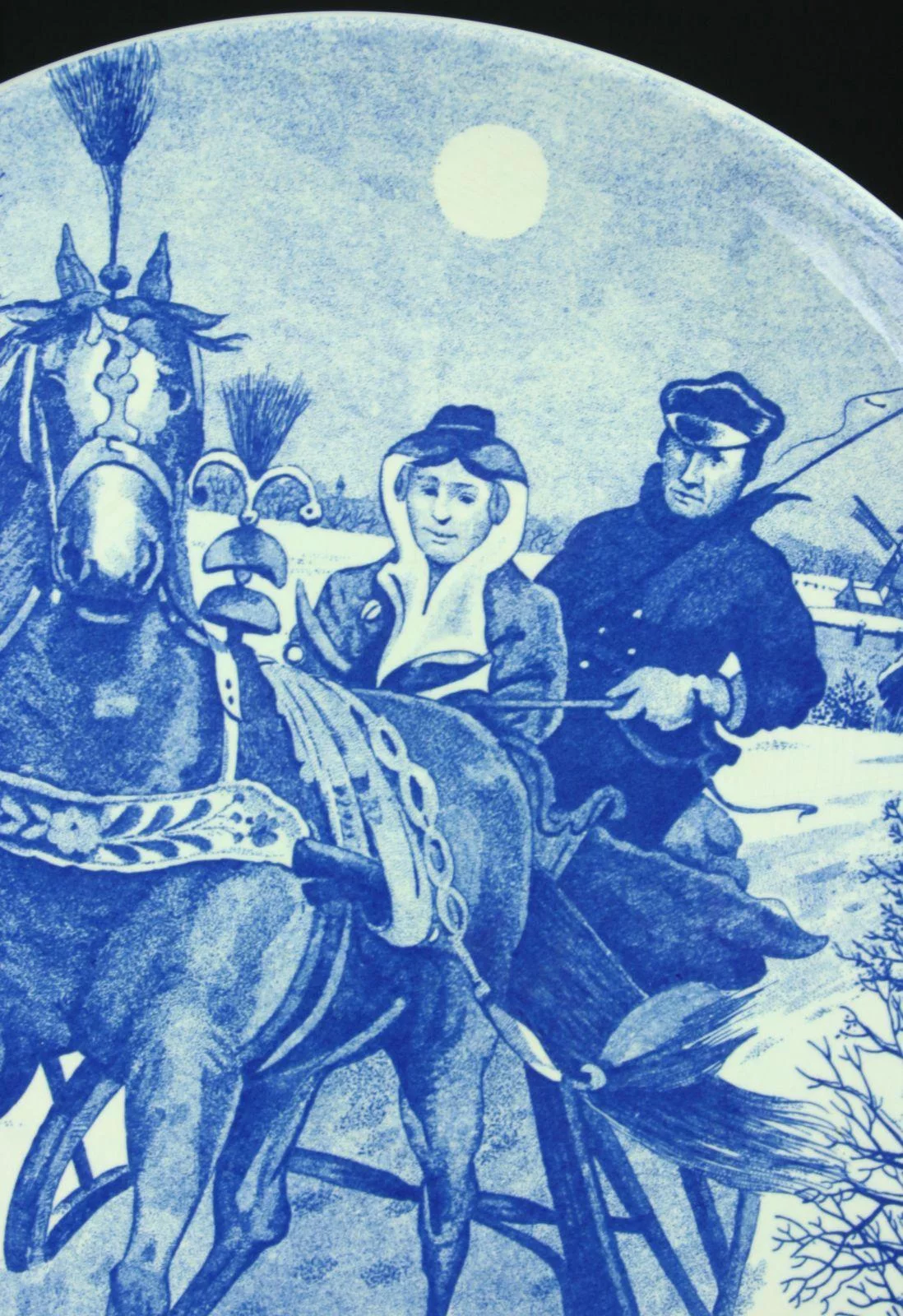 Plate Chemkefa Blue White Delft Horse Winter Sleigh Ride Ceramic Vintage 1970