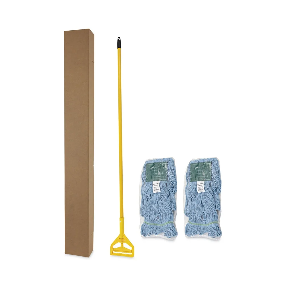 Boardwalk BWK400MBC Medium Cotton/Rayon/Synthetic Head and 60 in. Metal/Polypropylene Handle Looped End Mop Kit - Blue Head/Yellow Handle (1-Kit)