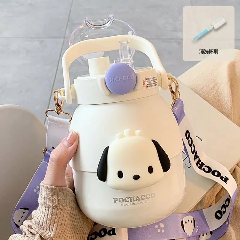 880Ml Sanrio Kuromi My Melody Water Bottle with Straw Kawaii Cartoon Large Capacity 316 Stainless Steel Thermos Mug Girls Gift