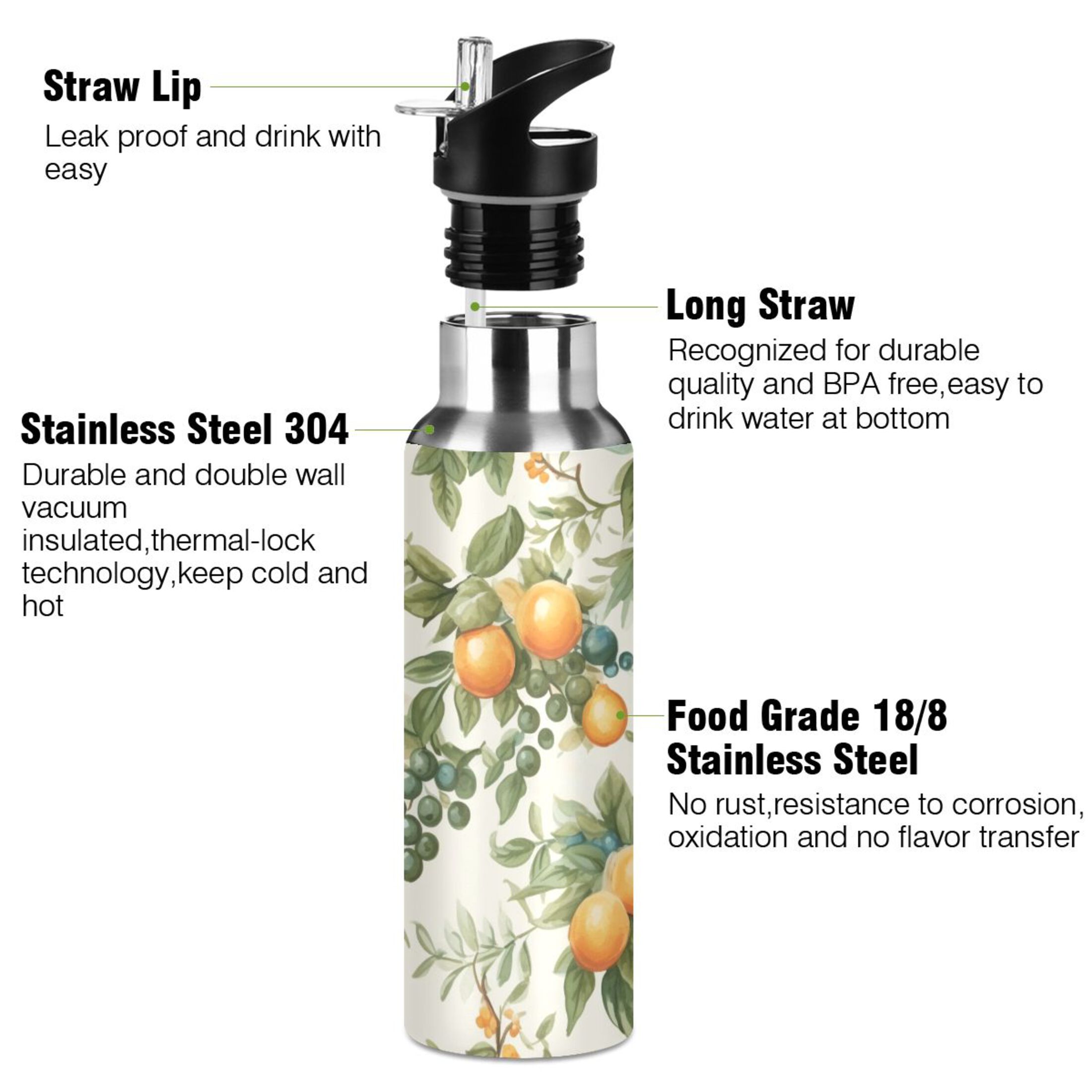 Fruit Orange Landscape Water Bottles Insulated Thermos Kids Stainless Steel Bottle with Straw Lid Flask Leakproof for Sports Gym 20 oz