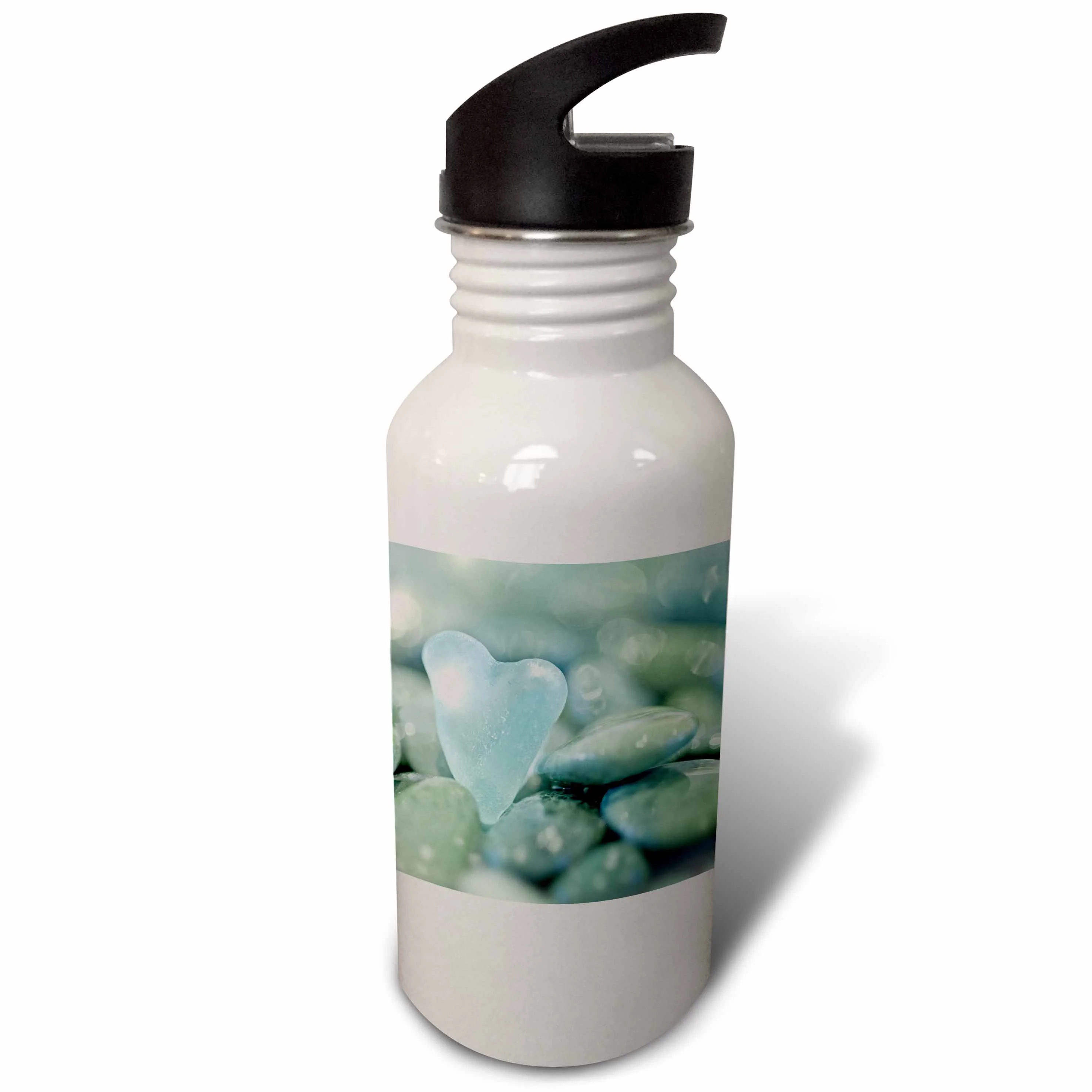 USA, Washington, Seabeck. Heart-shaped beach glass and wet rocks. 21 oz Sports Water Bottle wb-190853-1