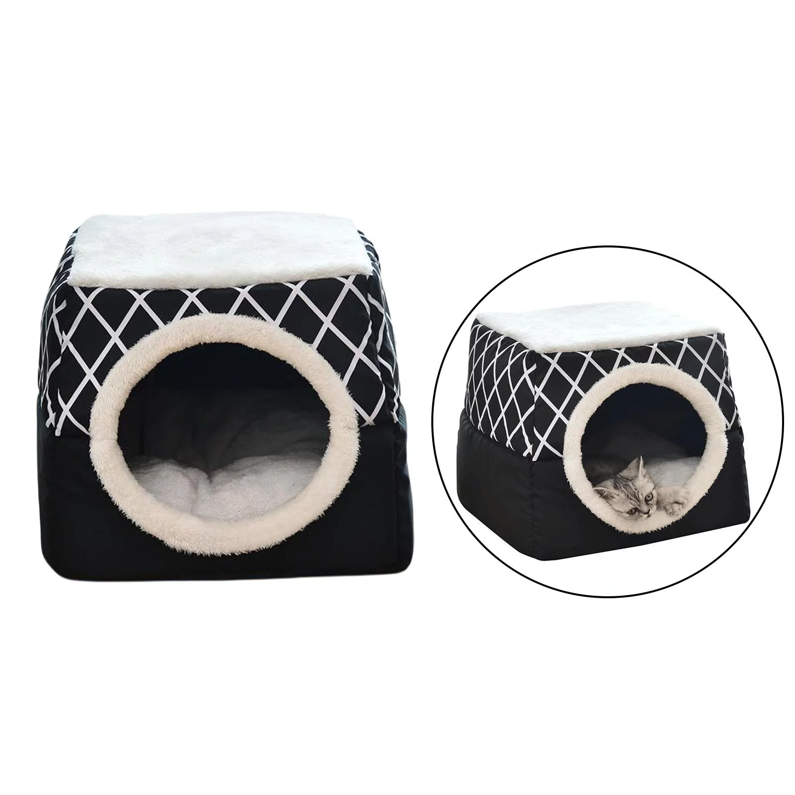 Pet Bed Cat Bed for Indoor Cats 2-in-1 Foldable Cat Bed Cat Tent  Washable Self-Warming Cave for Indoor Cats Small Dogs Puppy 13.78x12.99x11.81 Inch Black
