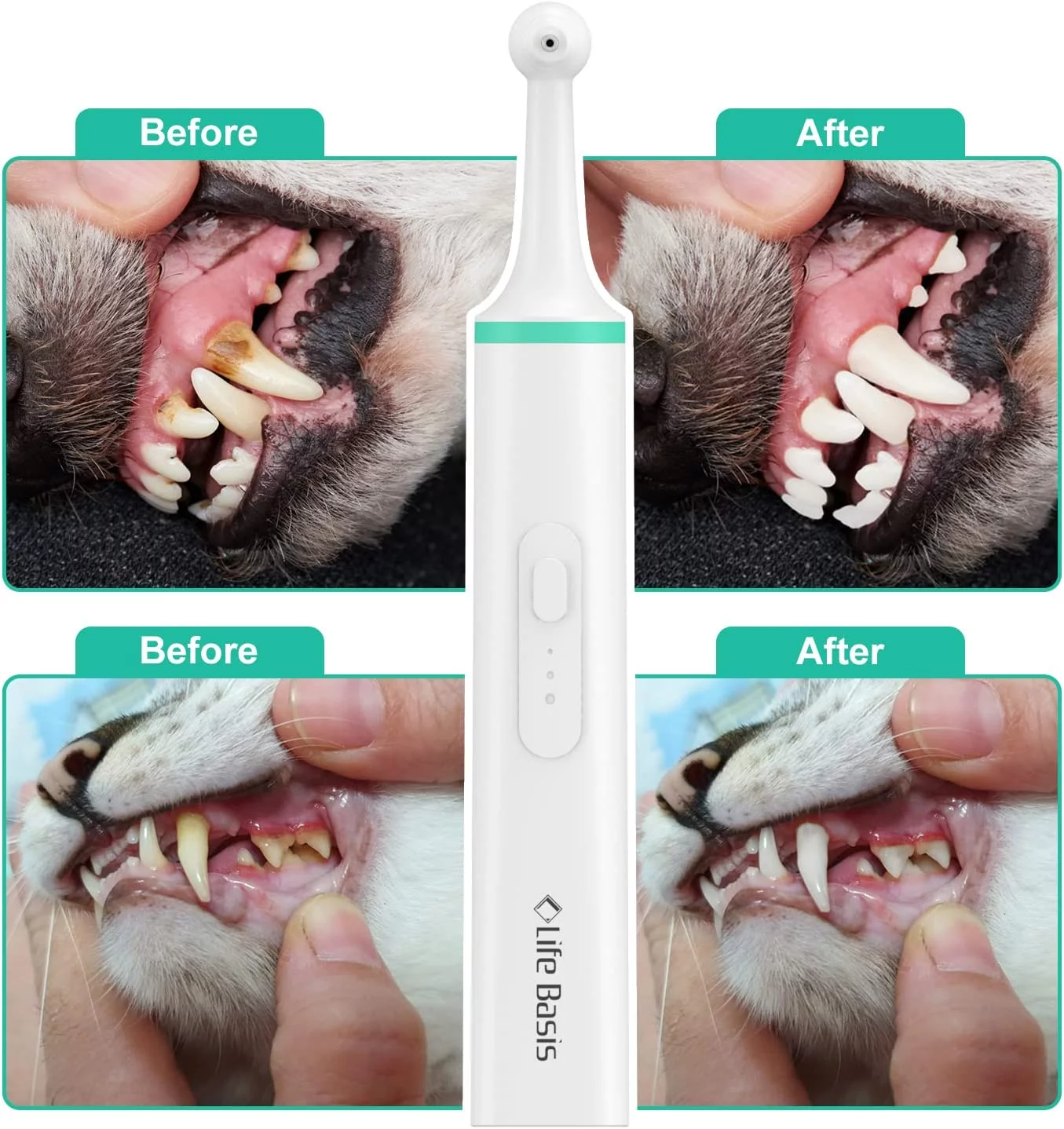 Dog Tartar Cleaner Electric Life Basis Professional Teeth Polisher Pet Calculus Plaque Stains Teeth Cleaner with 4 Brush Head Puppy Dental Scaler Care Cleaning Tools Kit