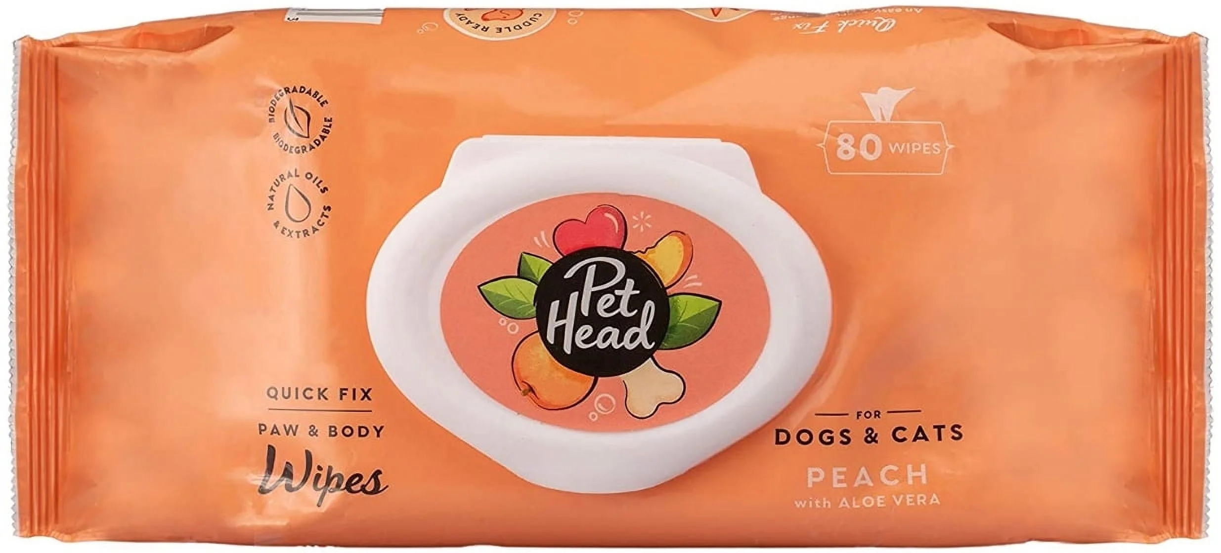 Pet Head Quick Fix Paw and Body Wipes for Dogs and Cats Peach with Aloe Vera [Dog Grooming Wipes, Dog Supplies] 240 count (3 x 80 ct)