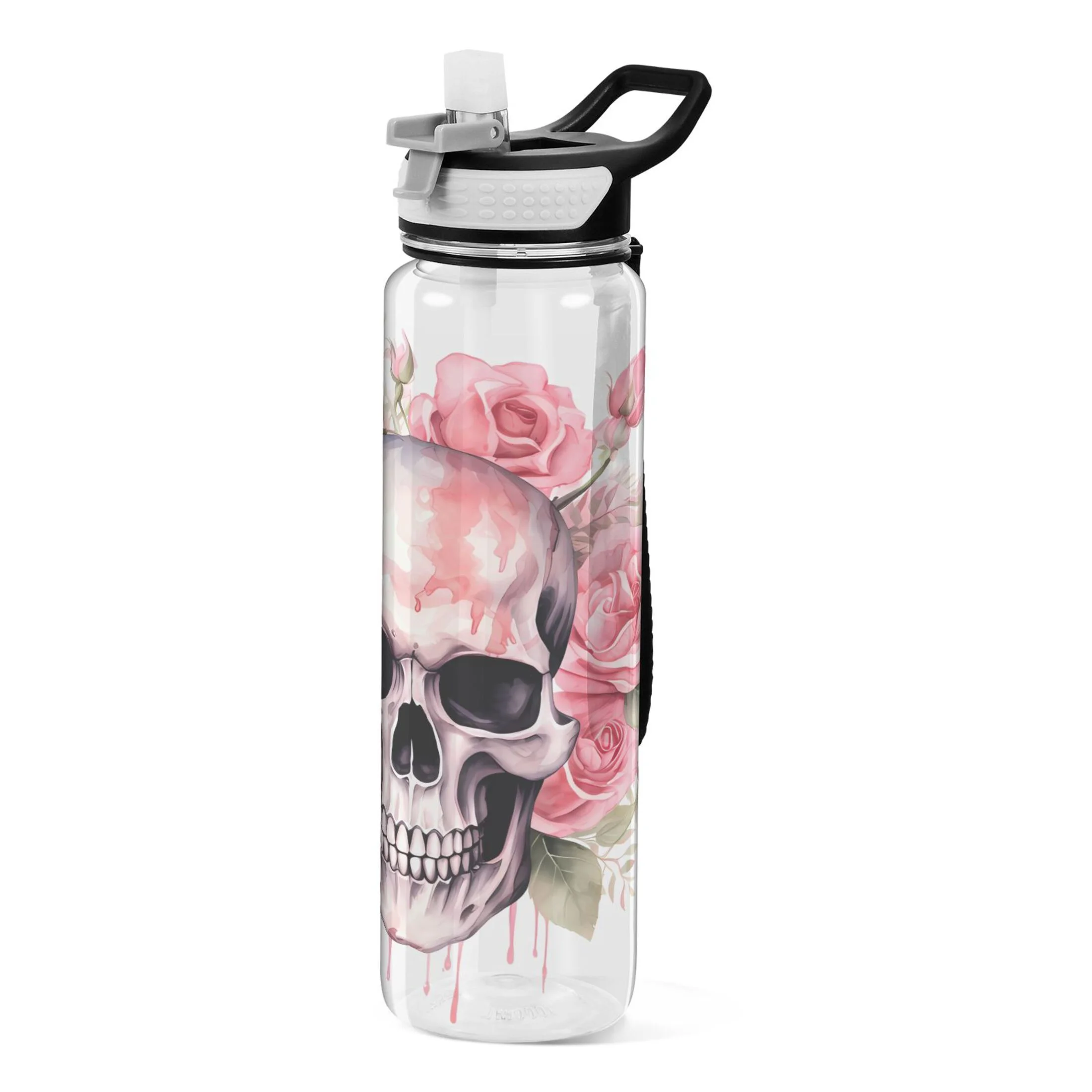 Skeleton with Pink Flowers 32oz Water Bottles with Straw Tritan Leakproof Sports Bottle BPA Free Clear for Fitness Gym Swimming Cycling