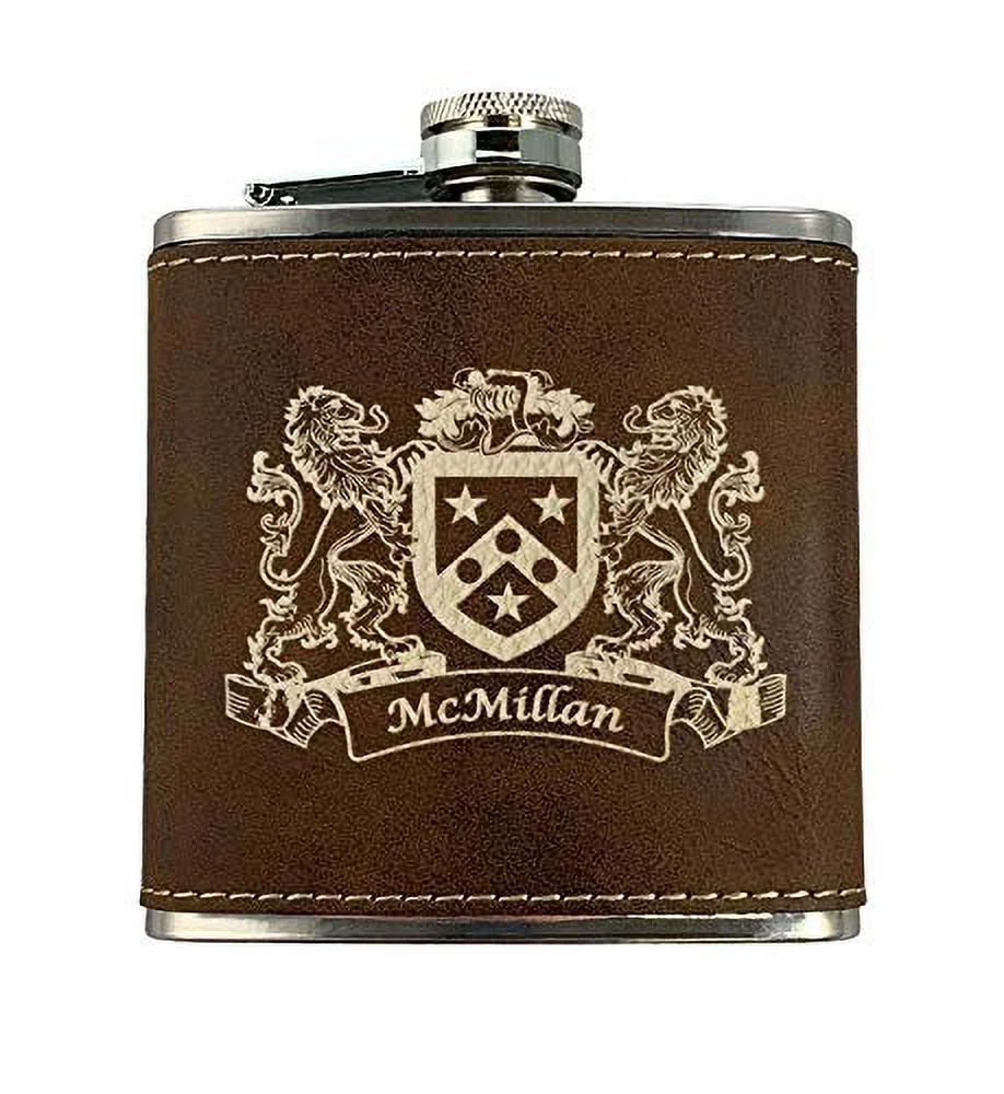 McMillan Irish Coat of Arms Leather Flask - Rustic Brown