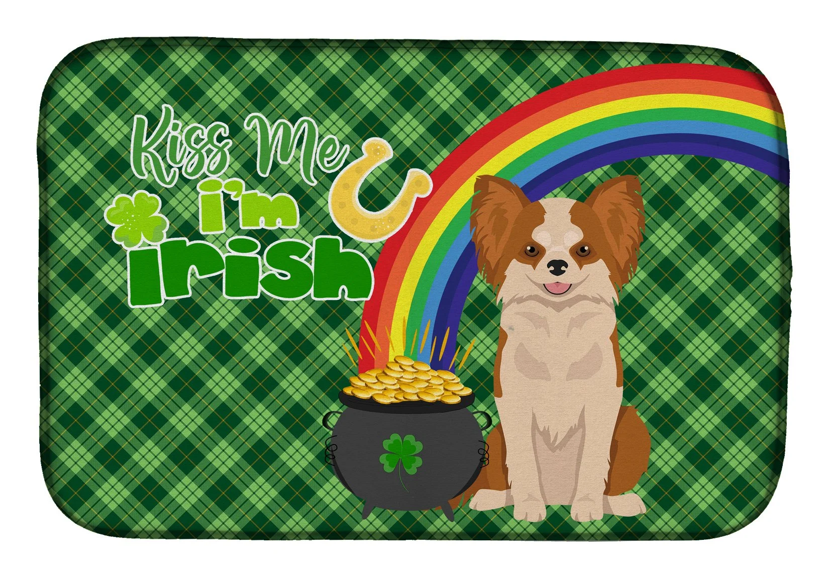 Longhaired Red and White Chihuahua St. Patrick's Day Dish Drying Mat 14 in x 21 in
