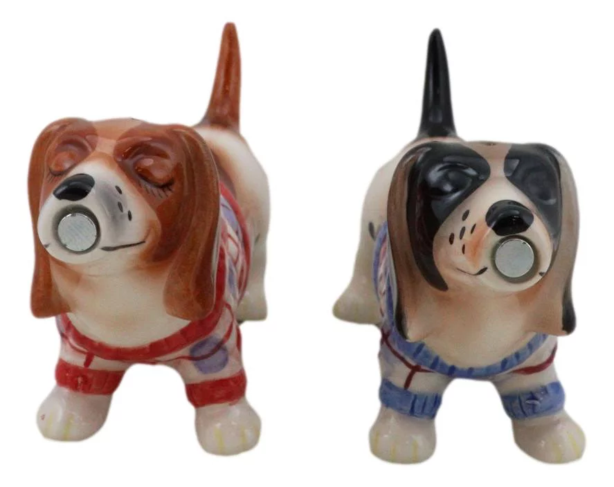 Ebros French Basset Hounds Magnetic Ceramic Salt Pepper Shakers Collectible Set