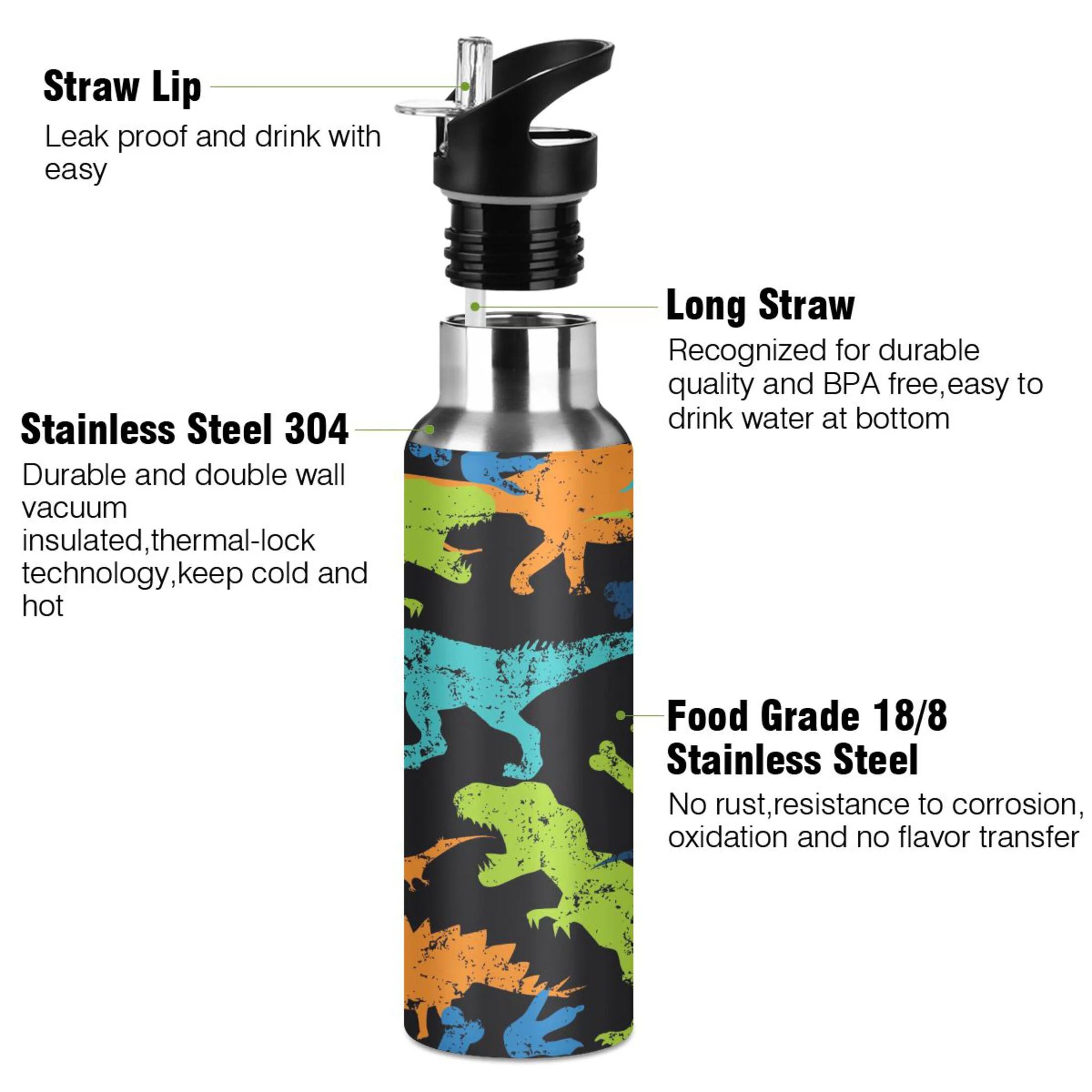 Water Bottle with Straw Lid Leak Bright Dinosaur with T Rex Stainless Steel Insulated Thermos Vacuum Flask for Cold Hot Drinking for Sports Camping Gym Yoga