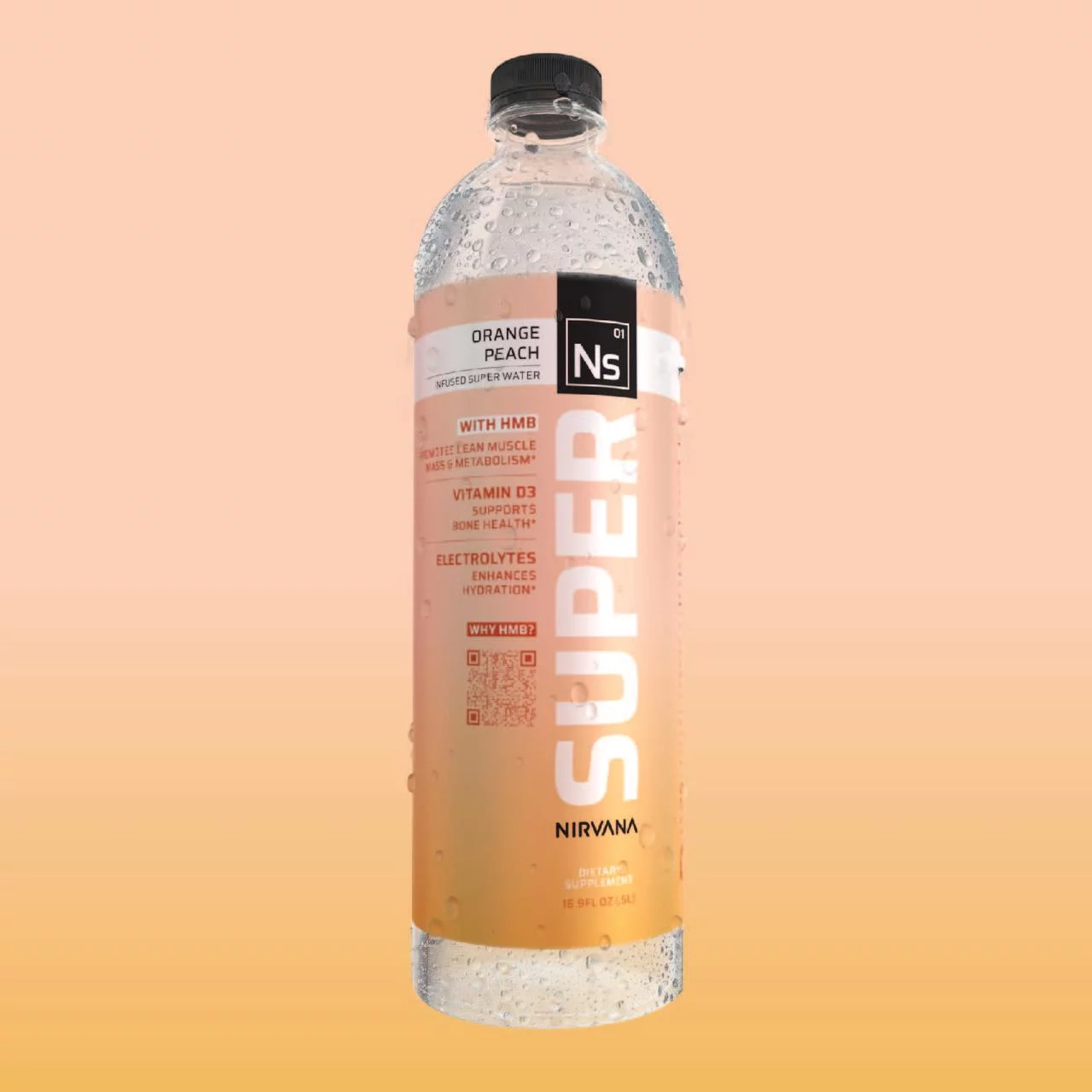 Nirvana Super™ Water - Orange Peach - HMB Infused Beverage, Natural Spring Water, Pure Hydration + Muscle and Bone Support, 16.9 Fl oz bottles (12 Pack)