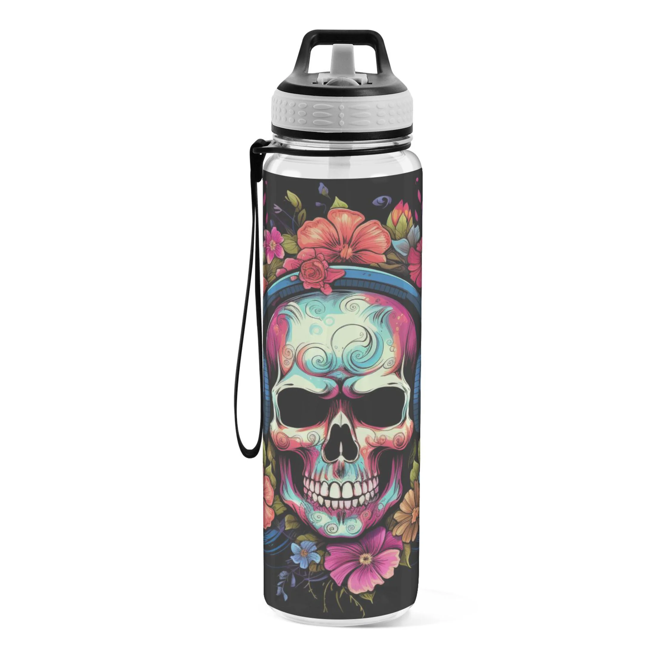 A Magic Skeleton with Floral Listening 32oz Sports Water Bottles Leakproof Tritan Bottle with Straw BPA Free Clear Bottle for Fitness Gym Outdoor Cycling