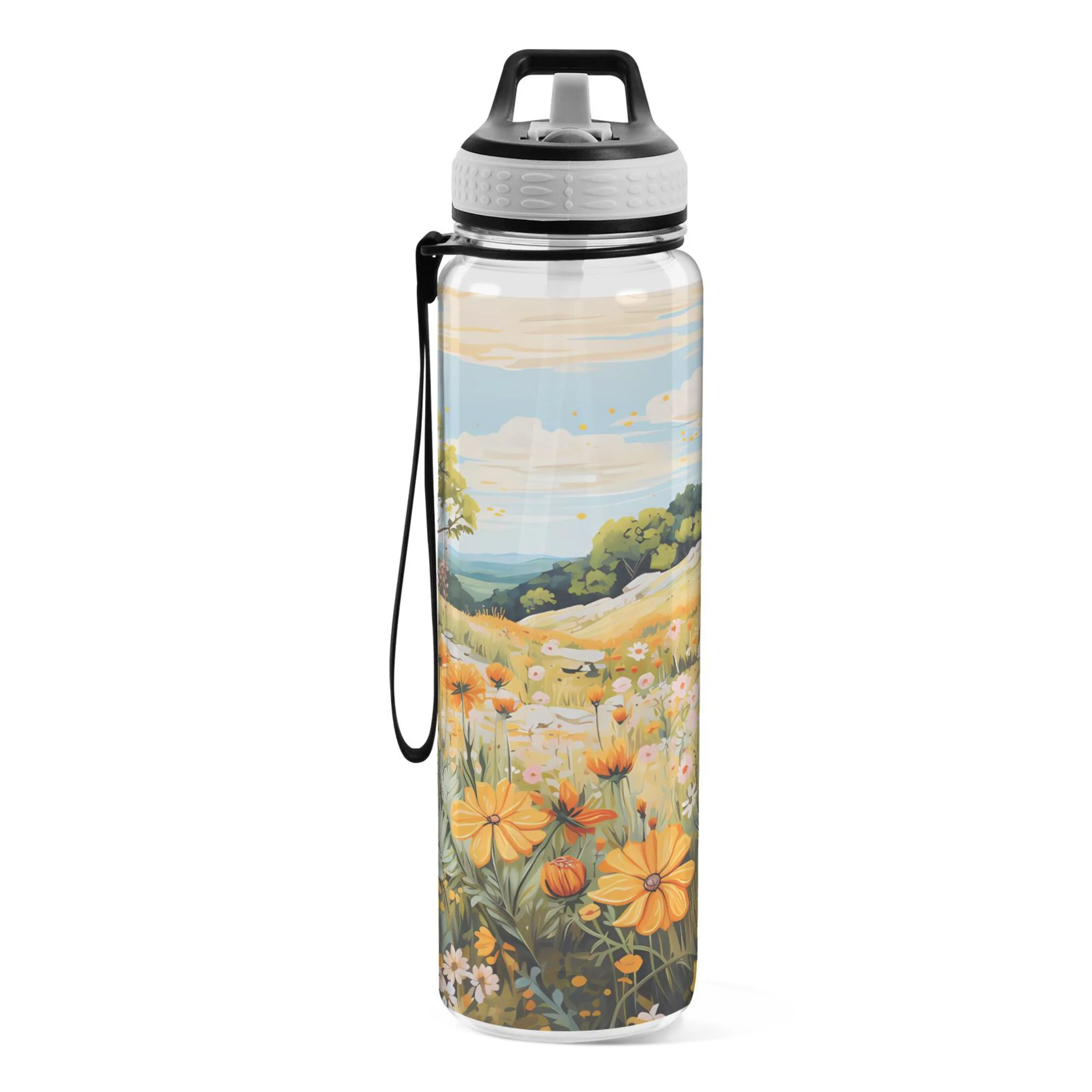 Wild Flower View 32oz Sports Water Bottles Leakproof Tritan Bottle with Straw BPA Free Clear Bottle for Fitness Gym Outdoor Cycling