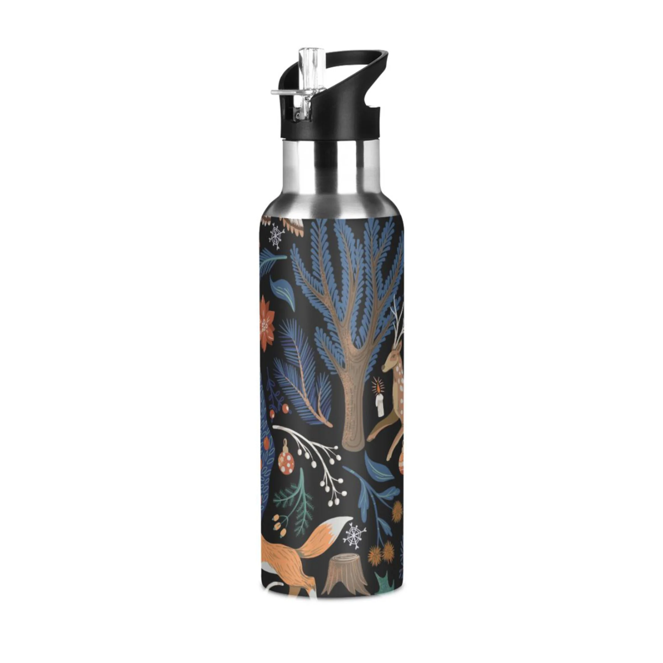 Water Bottle with Straw Lid Leak Bird Deers Fox Christmas Stainless Steel Insulated Thermos Vacuum Flask for Cold Hot Drinking for Sports Camping Gym Yoga