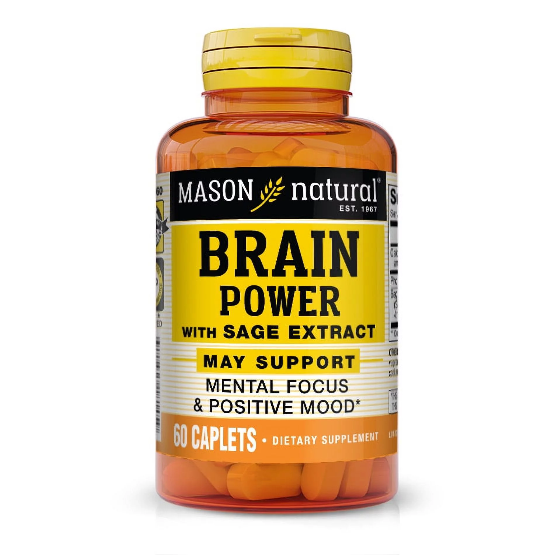 Mason Natural Brain Power with Sage Extract and Calcium - Optimize Mental Focus and Alertness, For a Positive Mood, Specialty Formula, 60 Caplets