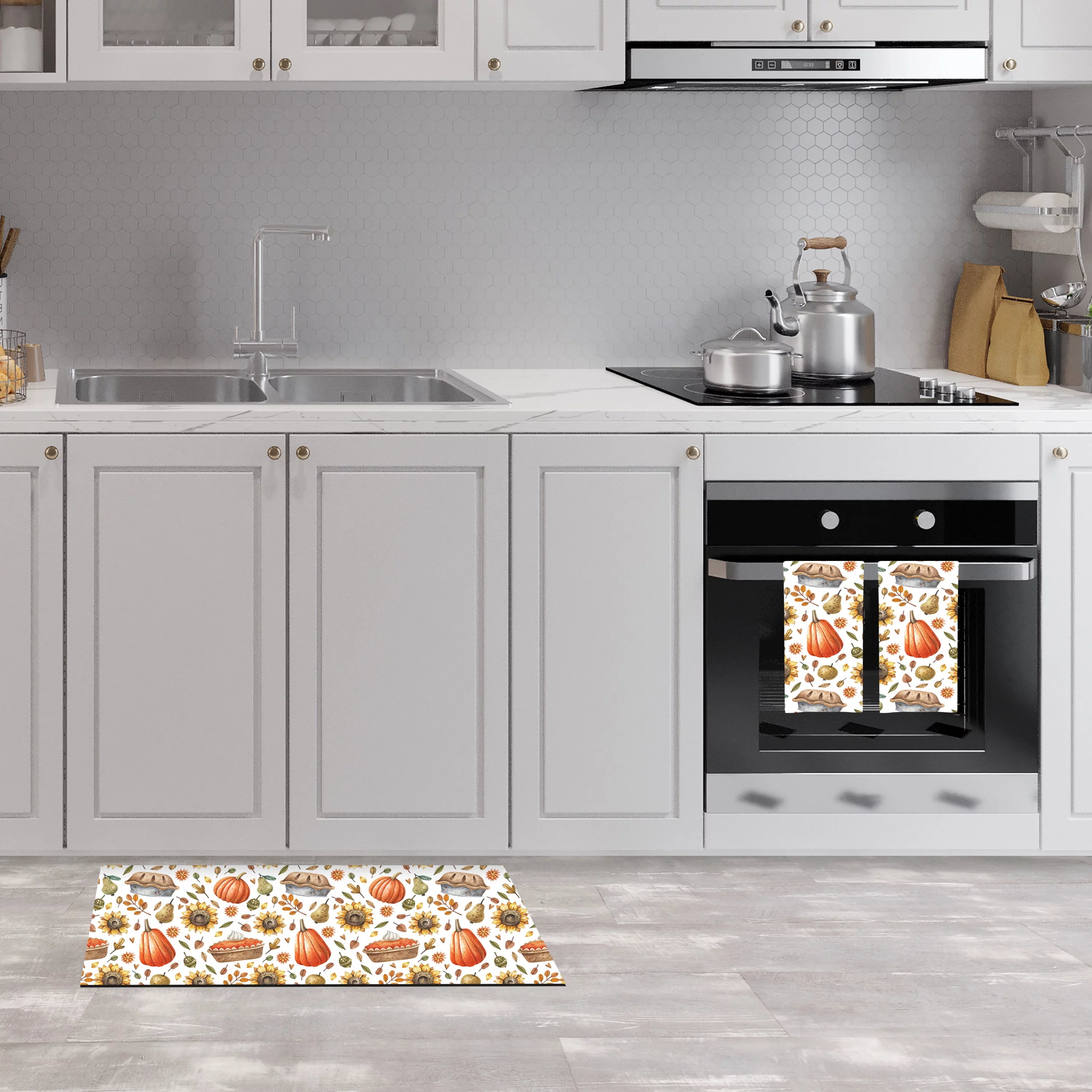 Ashton Pumpkin Pies & Sunflowers Kitchen Towels & Mat Set ( 3 Piece ) Fade Resistant