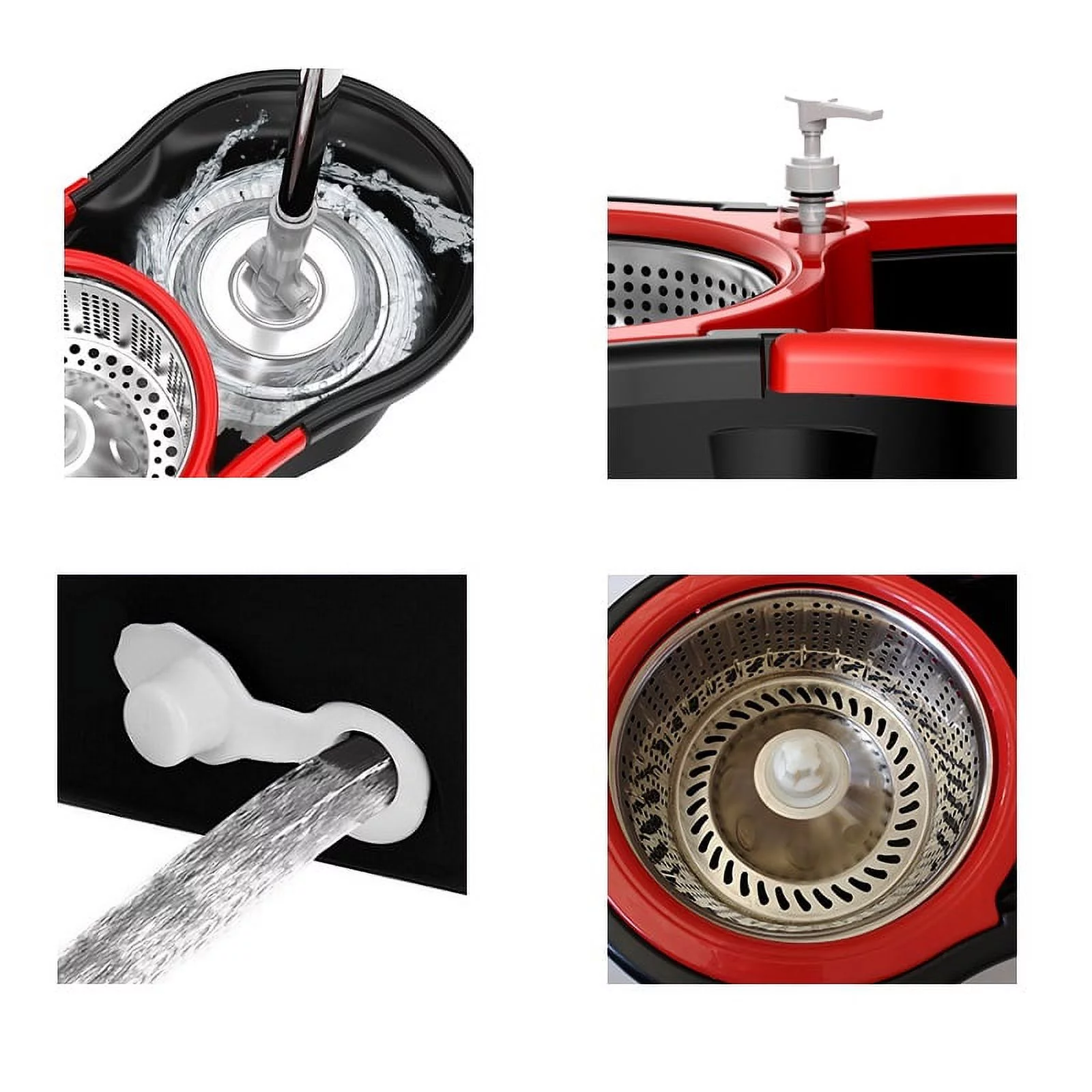 Spin Mop and Bucket System, Mops and Buckets for Floors, 61 inches Mop Pole 360 Degree Spin Mop with Bucket, Upgraded 3 Mop Heads, Black & Red