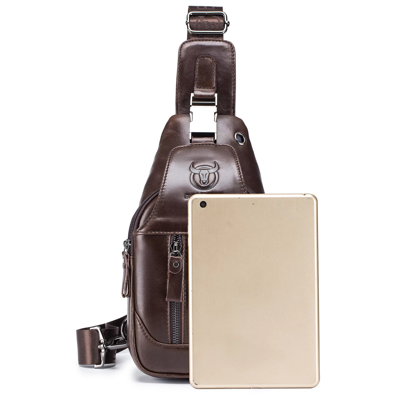 BULLCAPTAIN Leather Sling Bag for Men Waterproof Crossbody Pack Chest Shoulder Backpack Hiking Cycling Mountaineering Travelling