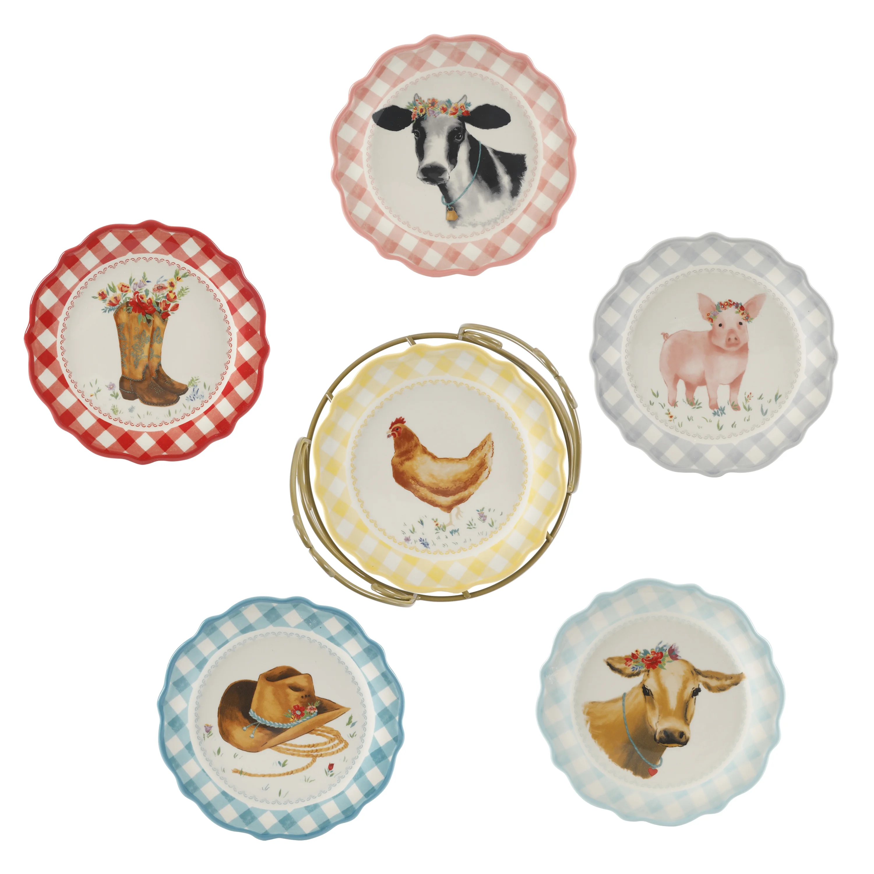 The Pioneer Woman Novelty 7-Inch Plates with Rack, 7-Piece Set