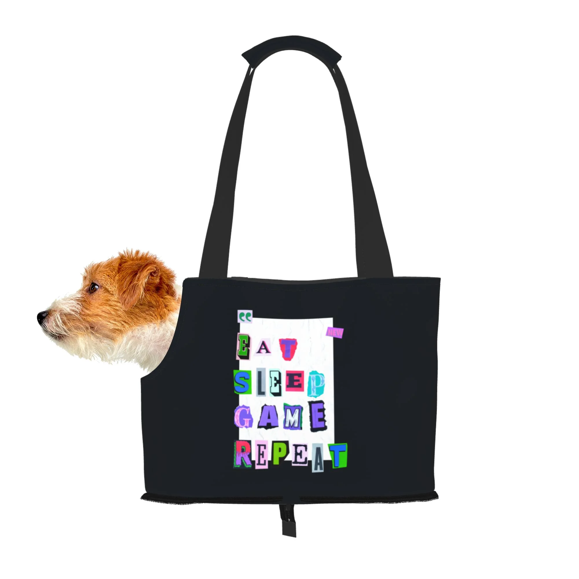 TEQUAN Foldable Dog Purse Carrier, Collapsible Retro Eat Sleep Game Repeat Letters Prints Pet Travel Tote Bag for Small Cat Puppy, Waterproof Dog Soft-Sided Carriers
