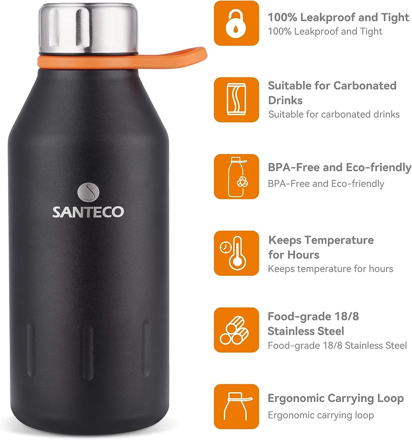 Santeco Stainless Steel Kola Water Bottle 12 fl oz, Black