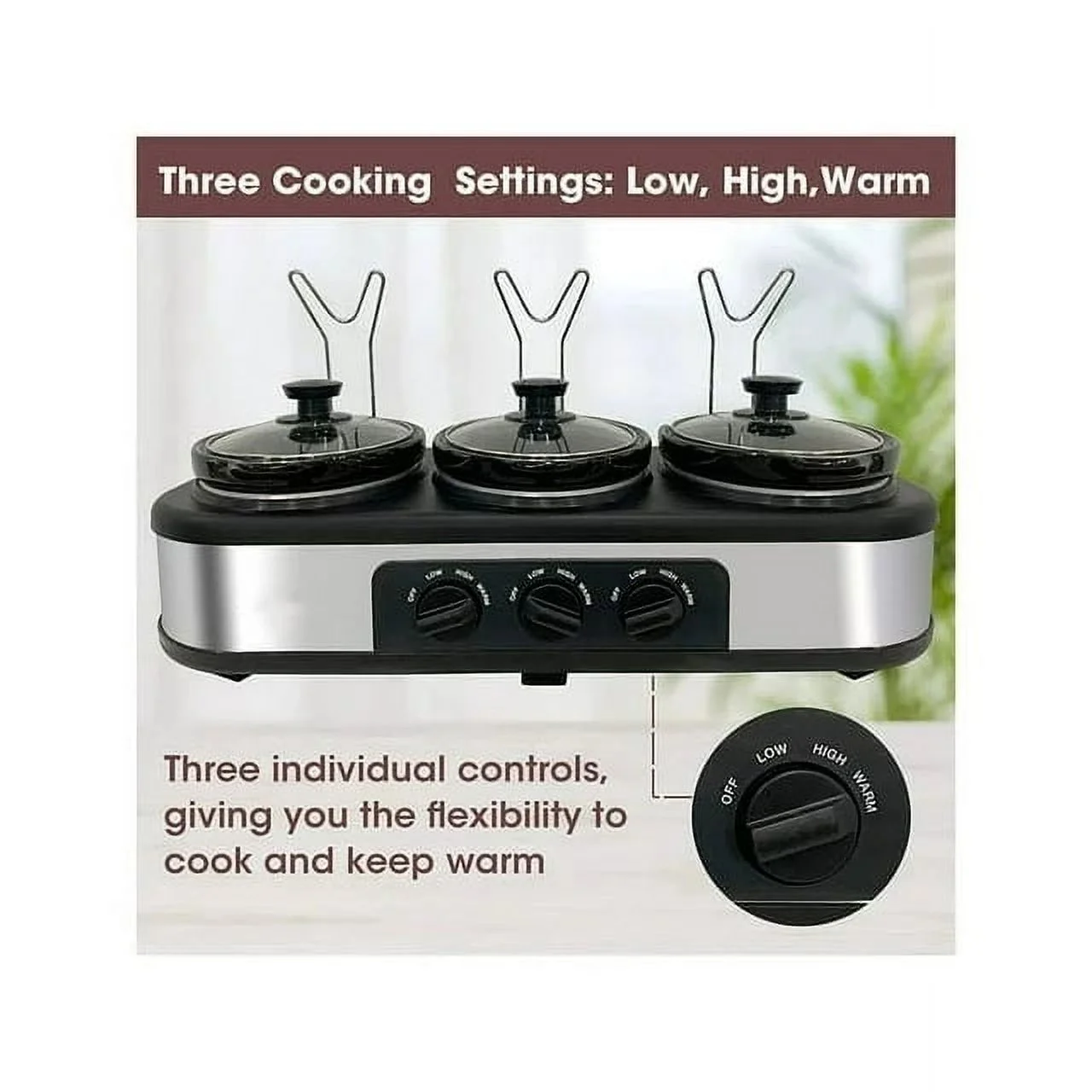 CozyHom 3-Pot Electric Slow Cooker, 4.5 Qt Food Warmer Pot with Adjustable Temp Removable Pots Lid Rests Pot, Black