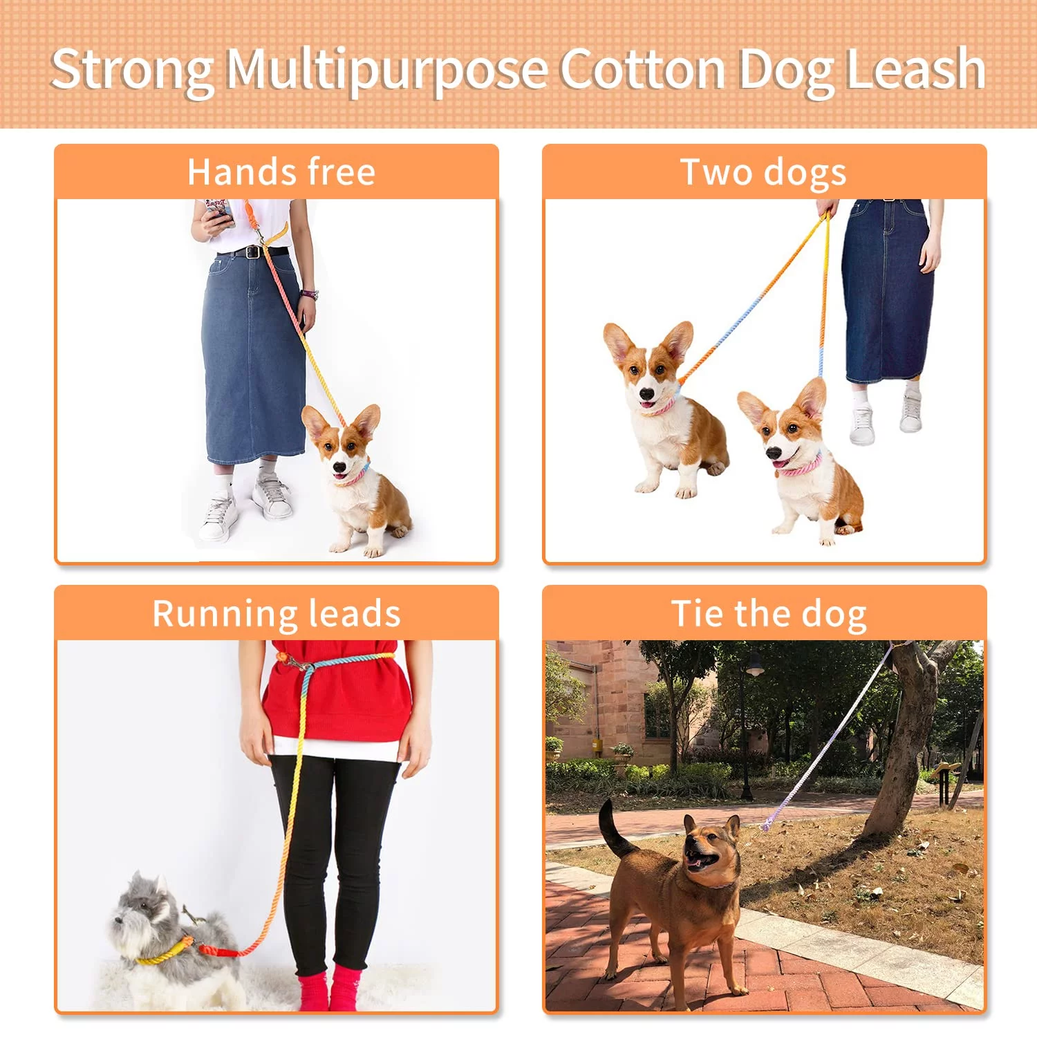 Hands Free Rope Dog Leash with Adjustable Double Swivel Hook for Small Medium and Large Dogs Running Hiking Camping Walking (Colorful Macaron)