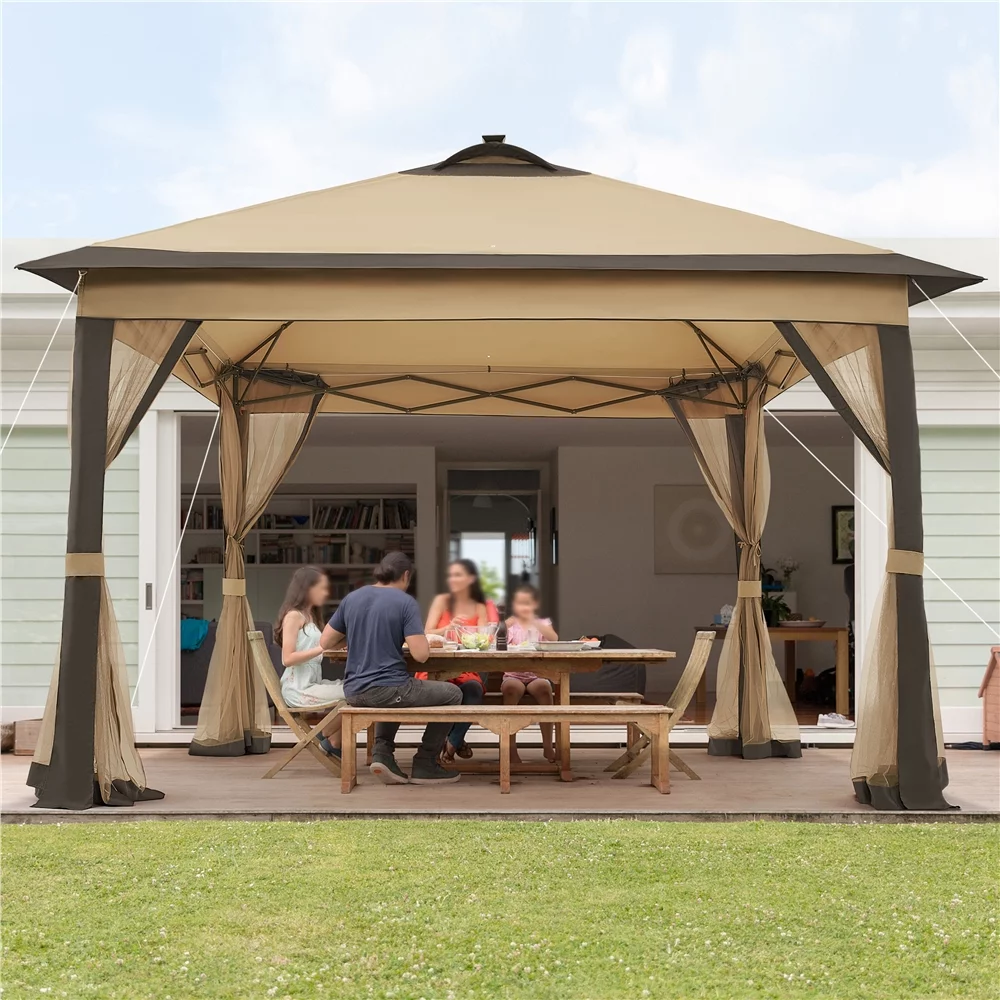 SmileMart Pop Up Canopy Metal Frame Outdoor Gazebo Double Tiers Mesh Netting/Solar LED Lights for Patio Backyard Garden Wedding Party, Khaki/Brown