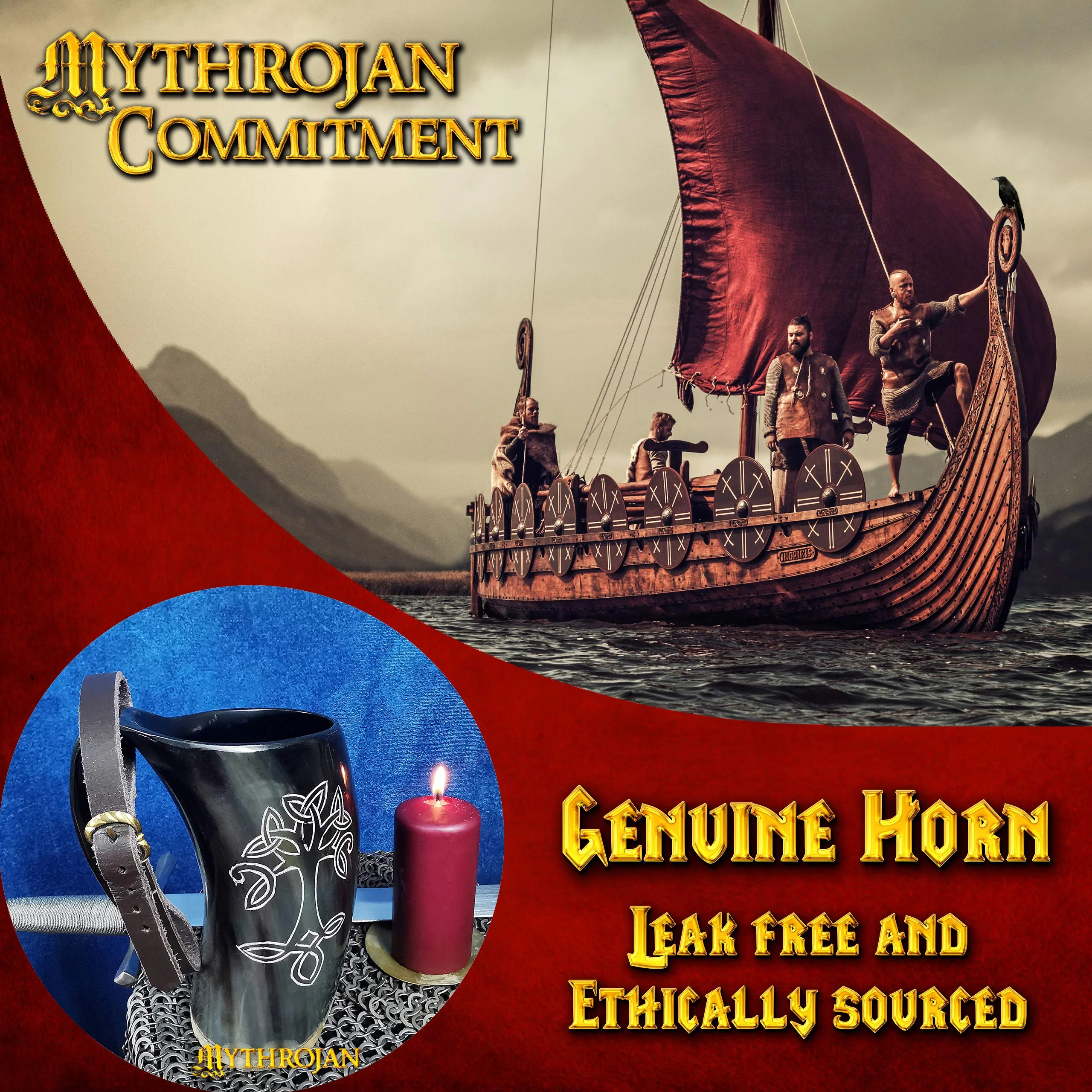 Mythrojan Viking Drinking Horn Tankard Tree of Life with Leather Strap - Wine Beer Mead Mug 600ML