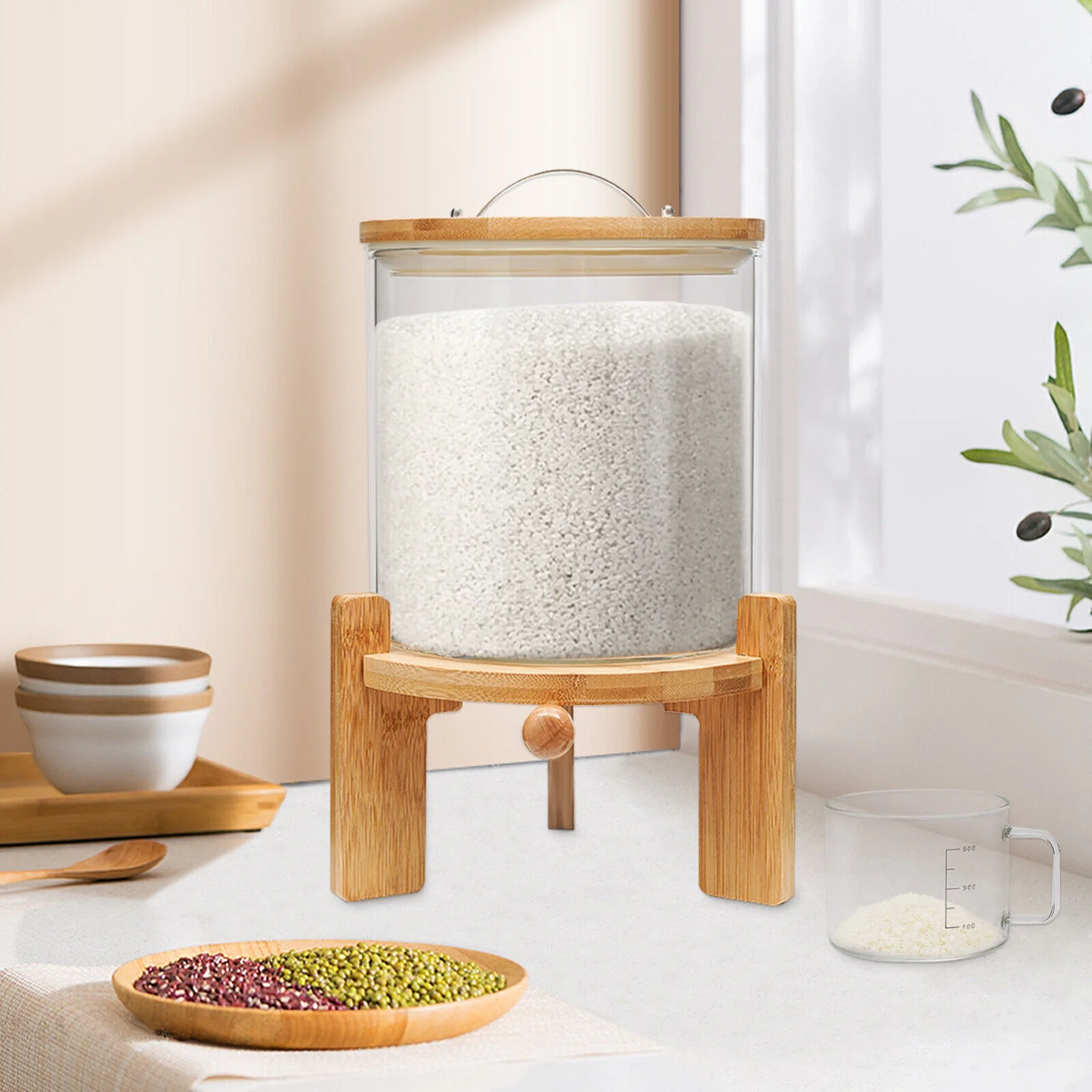TFCFL 5L Rice Dispenser Storage 10Grain Bottle Cereal Dry Food Glass Container +Valve