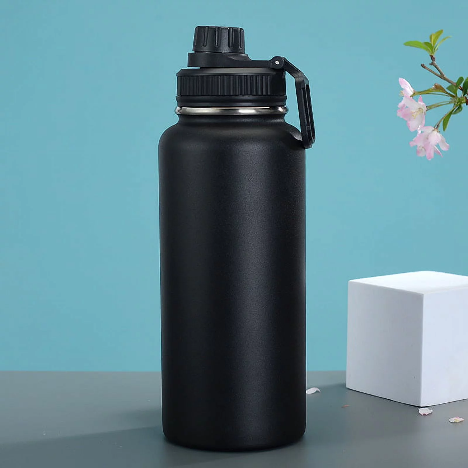 24 oz Sublimation Sports Water Bottle Stainless Steel Vacuum Thermos Black Water Bottle Double Wall Insulated Tumbler with handle and wide mouth lid Fitness Sports Travel DIY Gift