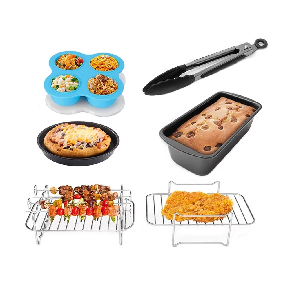 6 PCS Non-Stick 8 Inch Air Fryer Accessories Set Cake Baking Barrel Pizza Cupcake Pans Skewer Toast Racks Food Tongs Replacement for Foodi DualZone DZ201401 Dual Basket Air Fryer
