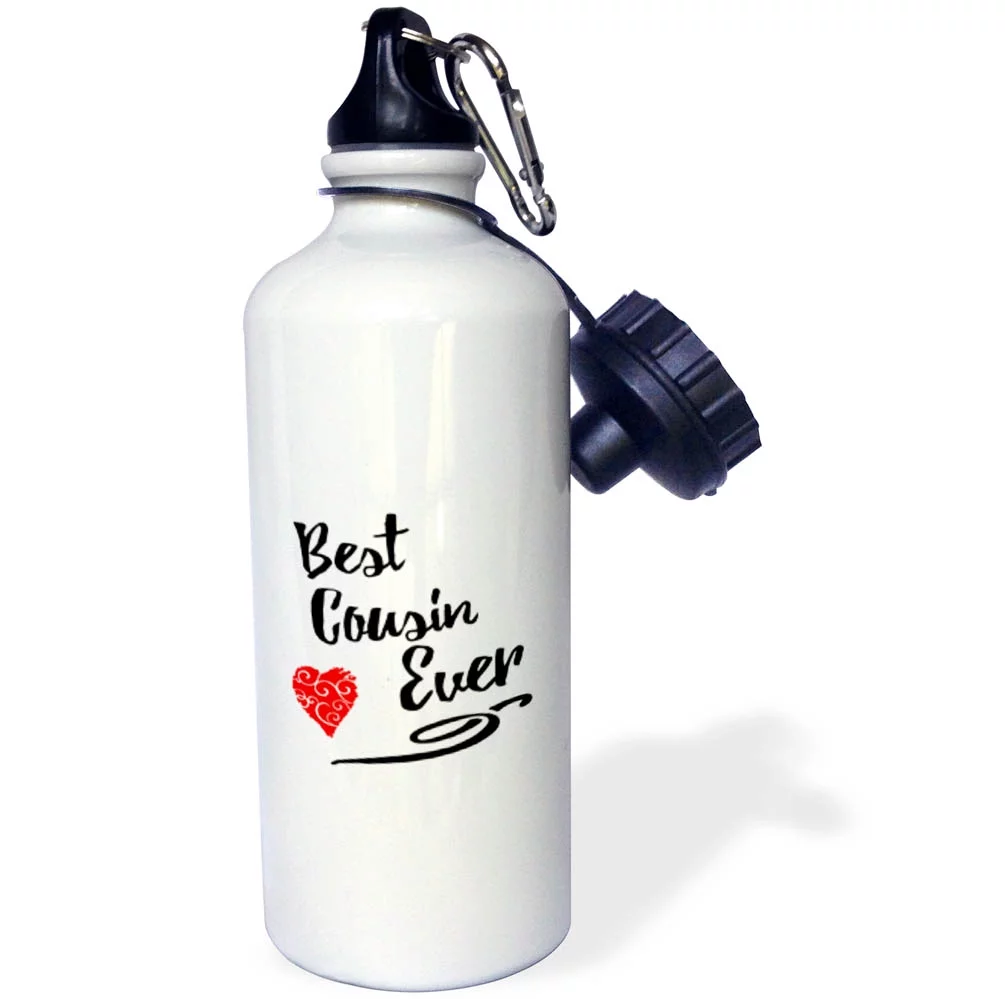 3dRose Best Cousin Ever design with Red Swirly heart - Water Bottle, 21-ounce