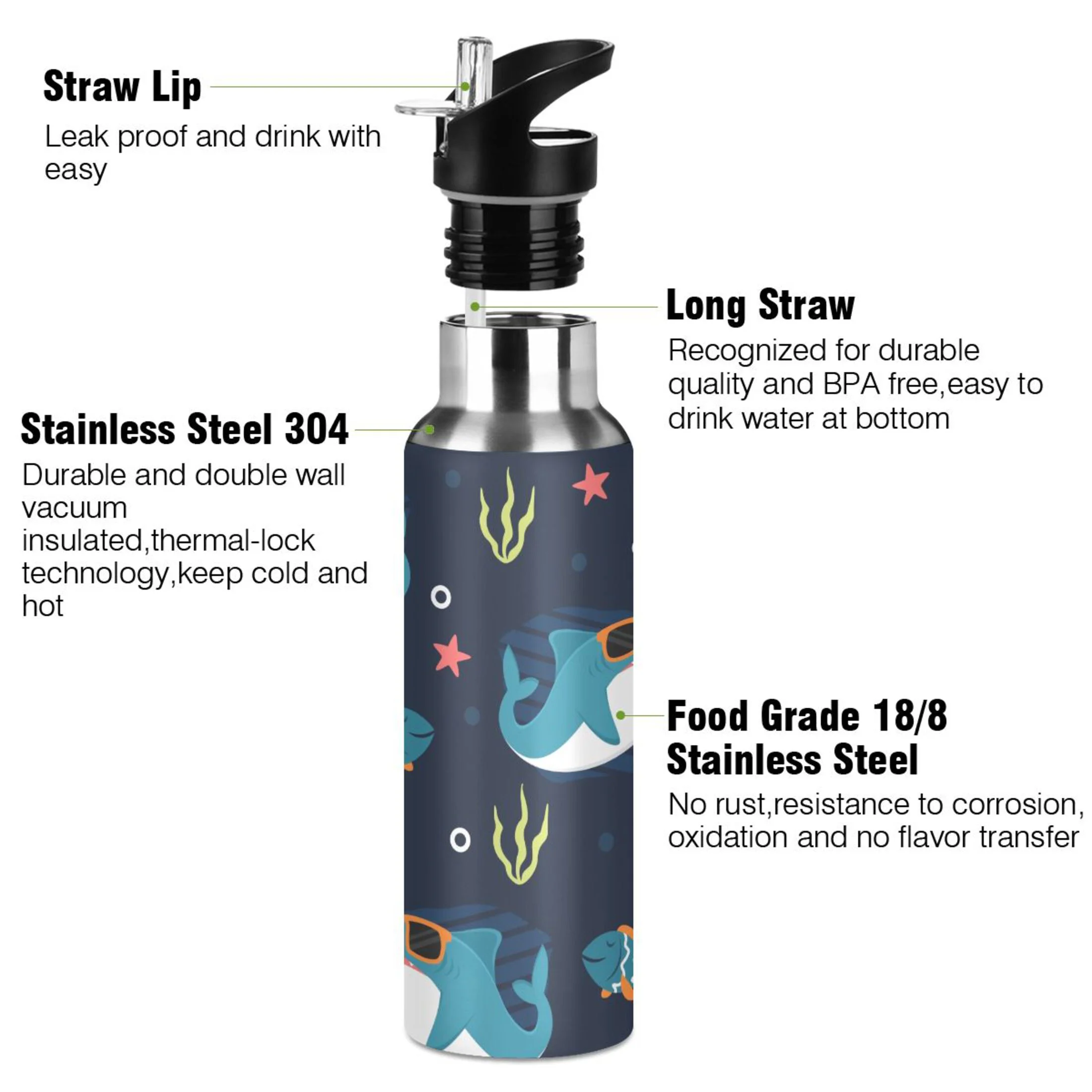 Water Bottle with Straw Lid Leak Cool Shark Cartoon Stainless Steel Insulated Thermos Vacuum Flask for Cold Hot Drinking for Sports Camping Gym Yoga