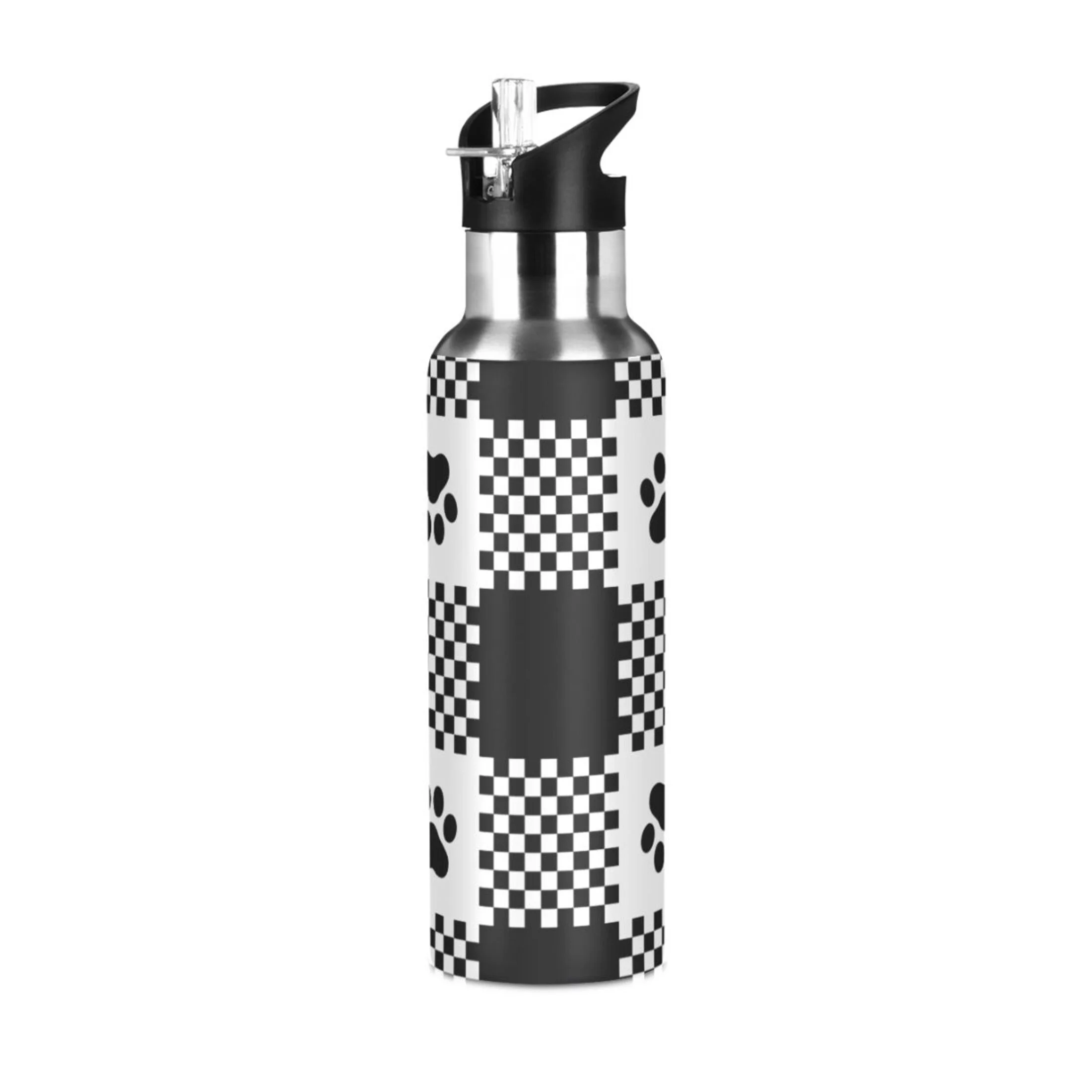 Footprint with Checked Water Bottles Insulated Thermos Kids Stainless Steel Bottle with Straw Lid Flask Leakproof for Sports Gym 20 oz