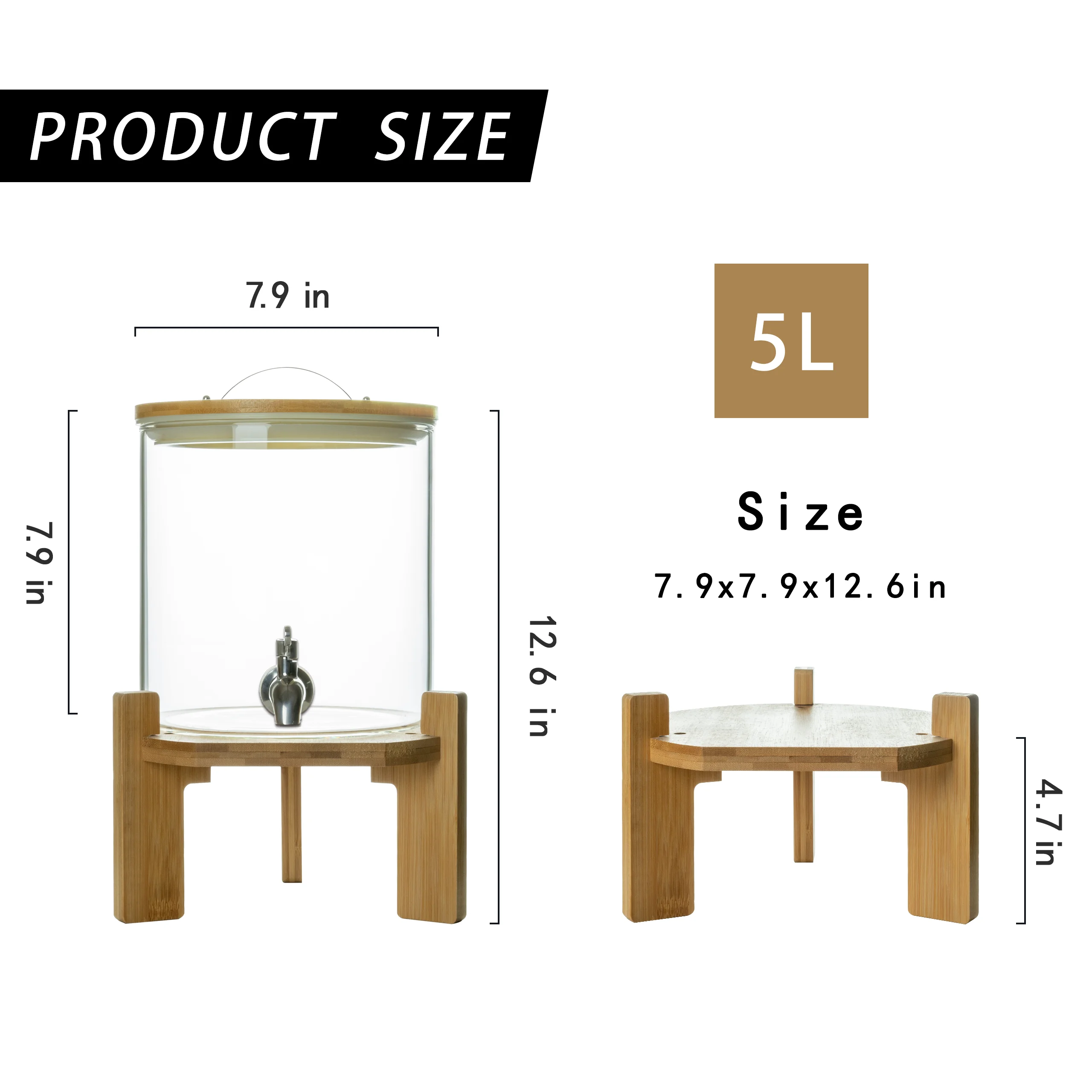 L'ÉPICÉA 5L Glass Drink Dispenser with Stand,Beverage Dispenser with Wooden Stand, Stainless Spigot