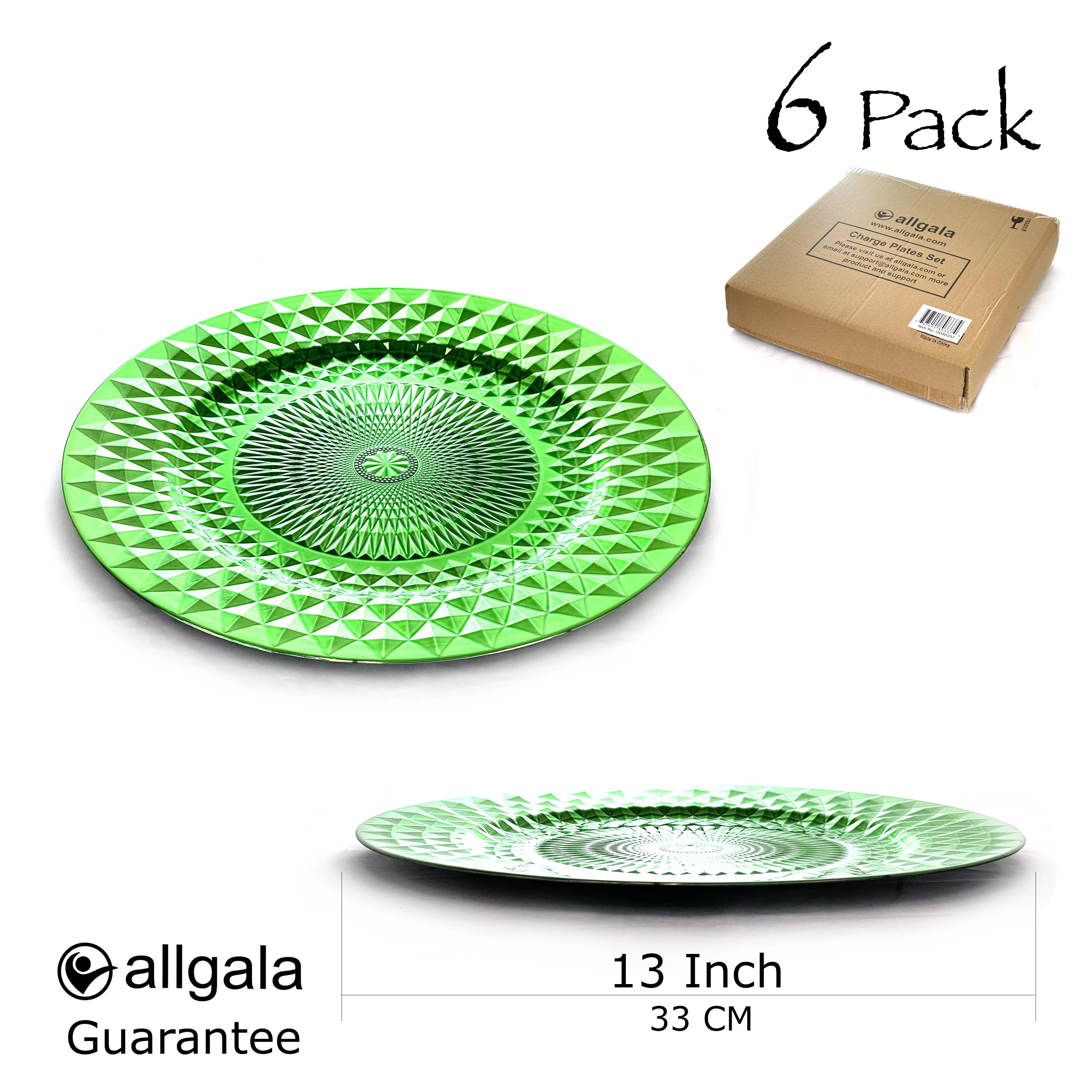 Allgala 13-Inch 6-Pack Heavy Quality Plastic Diamond Pattern Sparkling Charger Plates-Green-HD80405