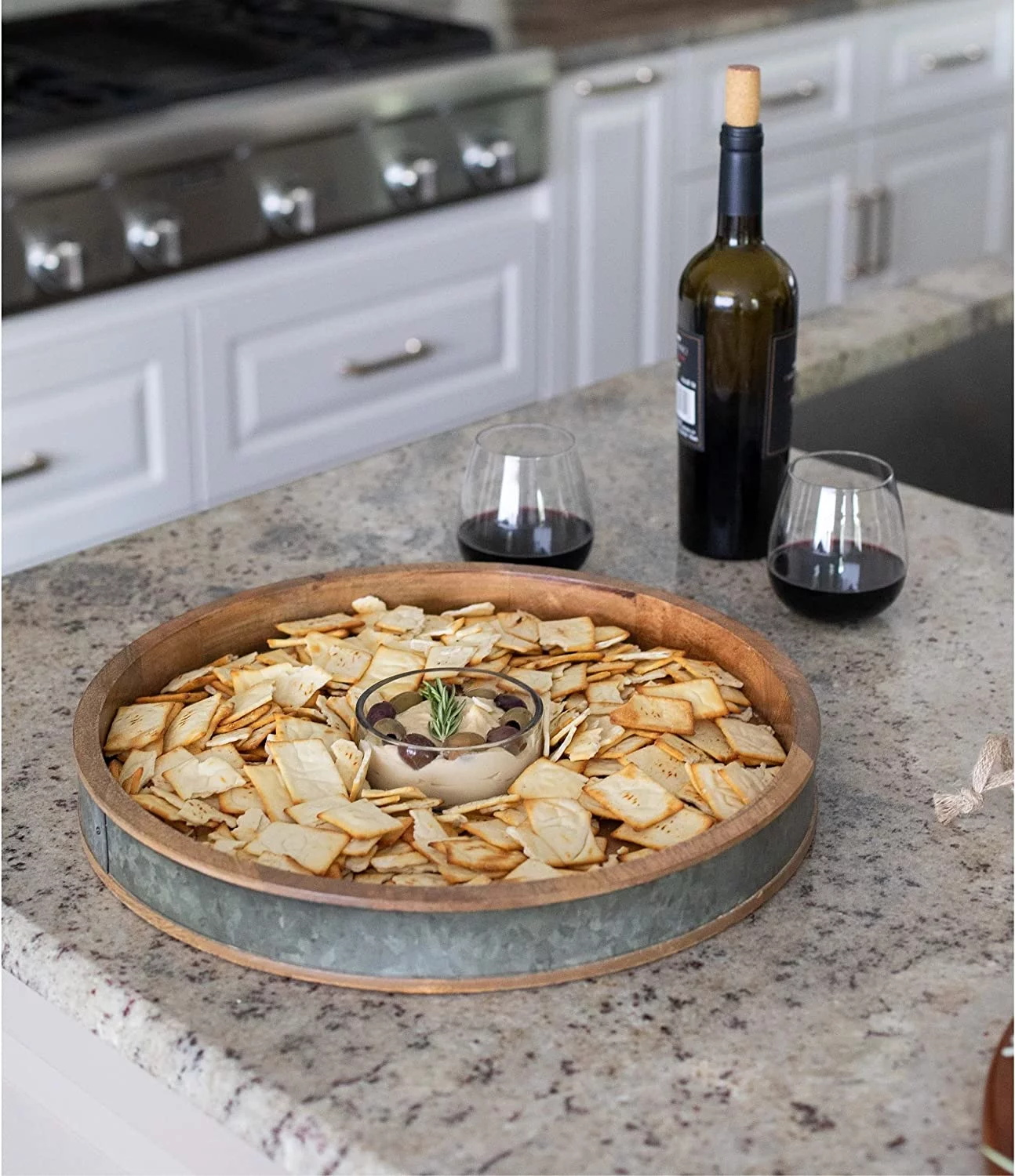 BirdRock Home Brown Wooden and Silver Iron Chip and Dip Serving Tray and Glass Bowl