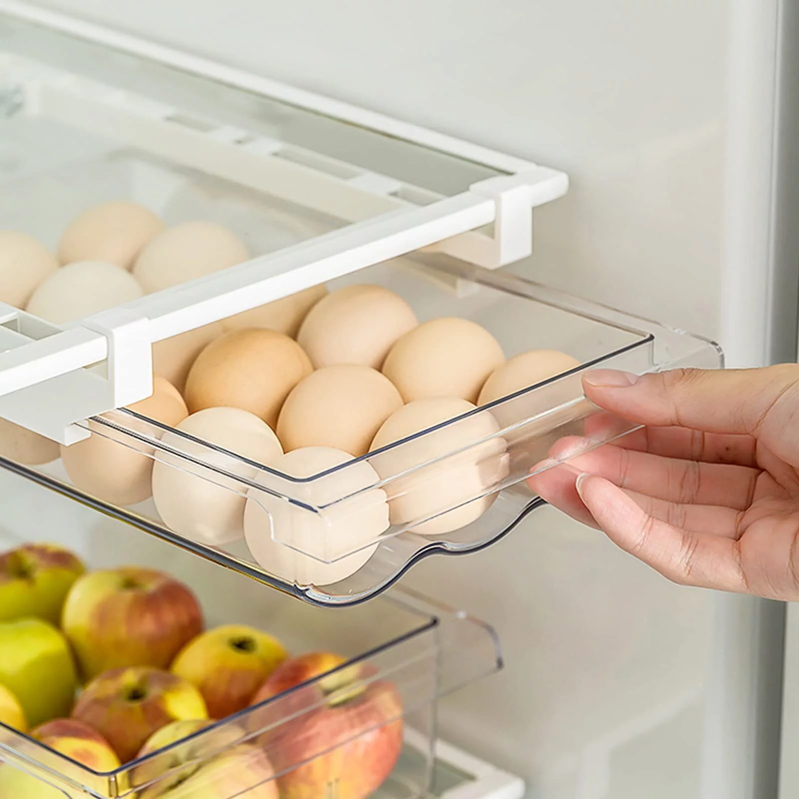 Jahy2Tech Auto Scrolling Refrigerator Egg Drawer,Large Capacity Egg Holder Tray for Refrigerator,Adjustable Clear Egg Storage Container Fit Fridge Shelf Under 0.6