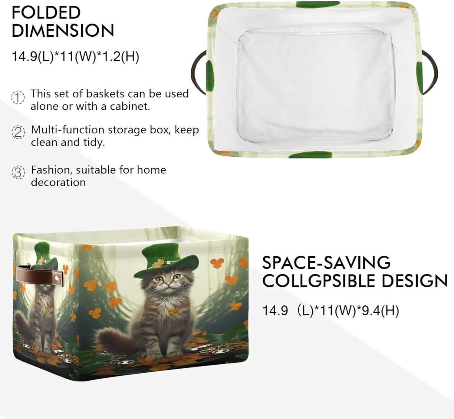 St. Patrick's Day Cute Cat Large Storage Basket 2PCS,Cute Koala Collapsible Toy Storage Box Laundry Basket with Handle,Used for Home Closets, Offices, Bedrooms Halloweenation Home Decor