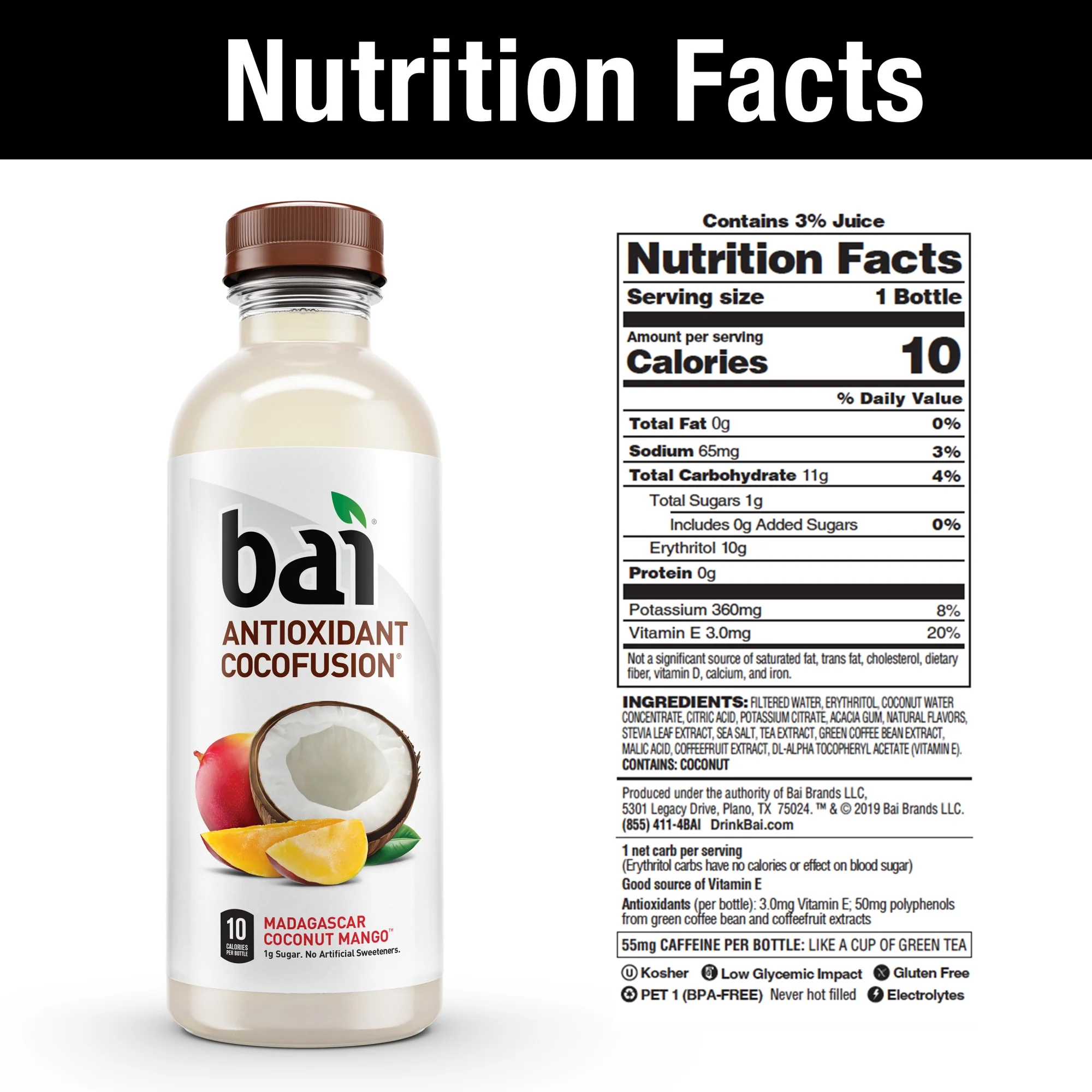 Bai Gluten-Free, Madagascar Coconut Mango, Antioxidant Infused Drinks, 18 Fl Oz, 12 Pack Bottles