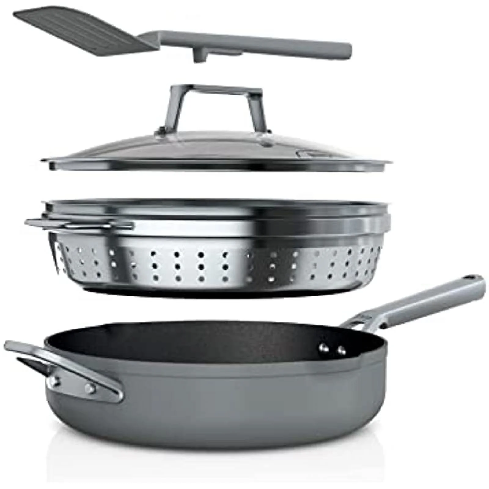 Ninja CW102GY Foodi NeverStick PossiblePan, Premium Set with 4-Quart Capacity Pan, Steamer/Strainer Basket, Glass Lid & Integrated Spatula, Nonstick, Durable & Oven Safe to 500°F, Sea Salt Grey