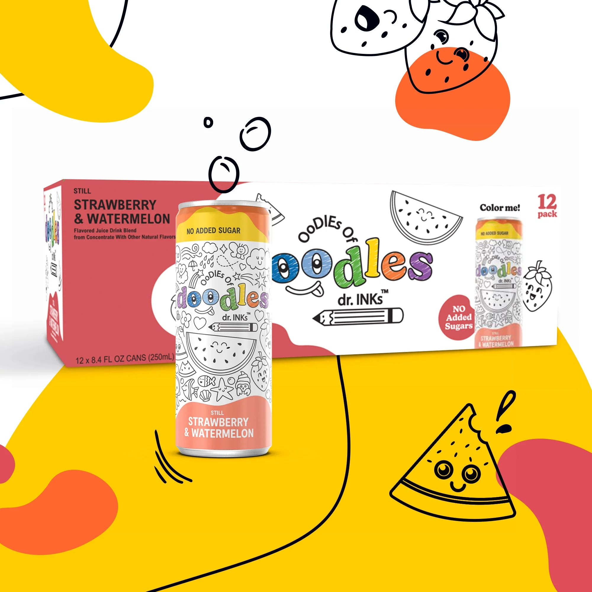 Strawberry Watermelon Still -Introducing Oodles of Doodles Soda – where fun meets flavor! Our 8.4 oz 12-pack is a creative adventure for kids.