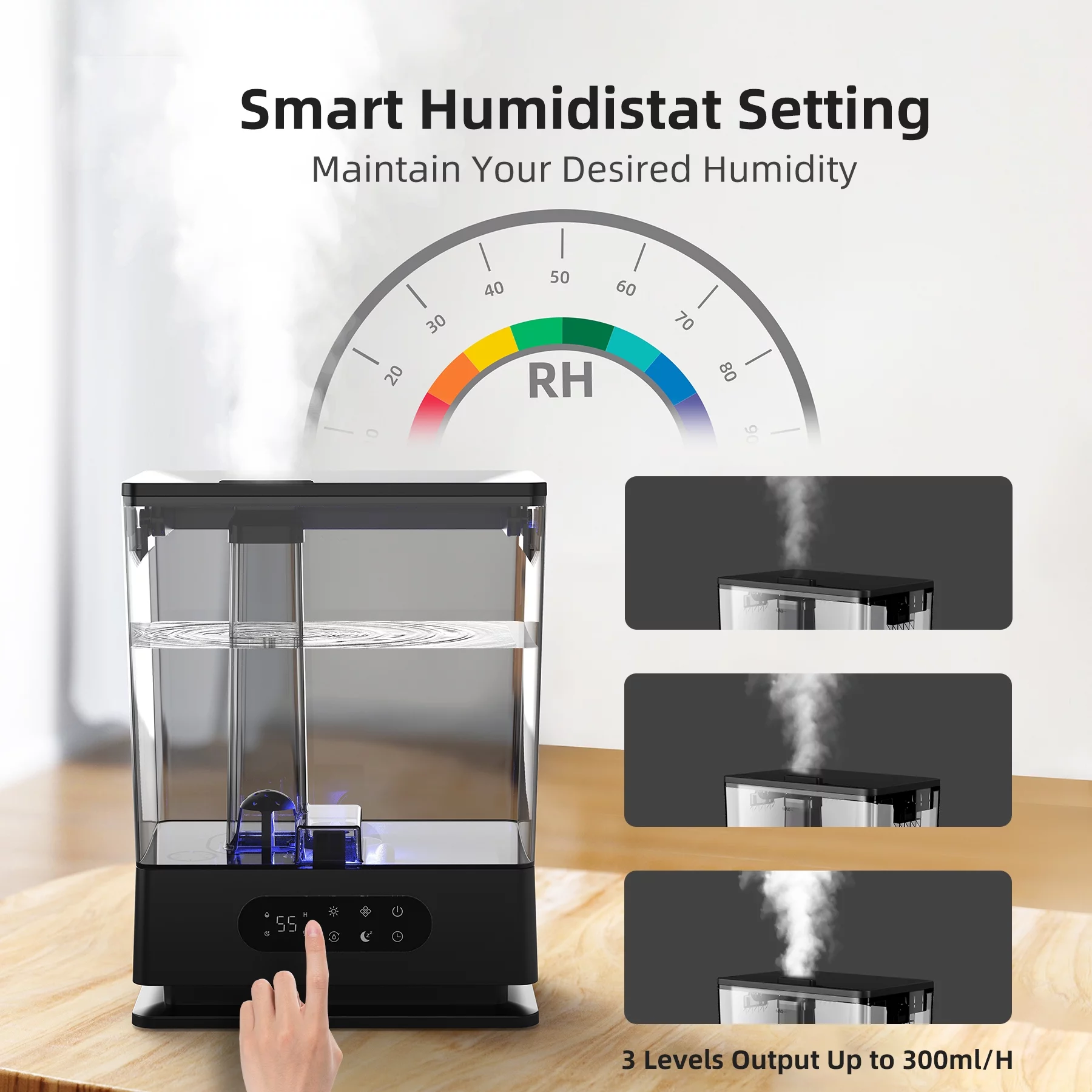 KLOUDIC 6.5L Large Top-fill Humidifier Cool Mist Humidifiers for Home, Bedroom with Customized Humidity for Sleep and Plants, Black