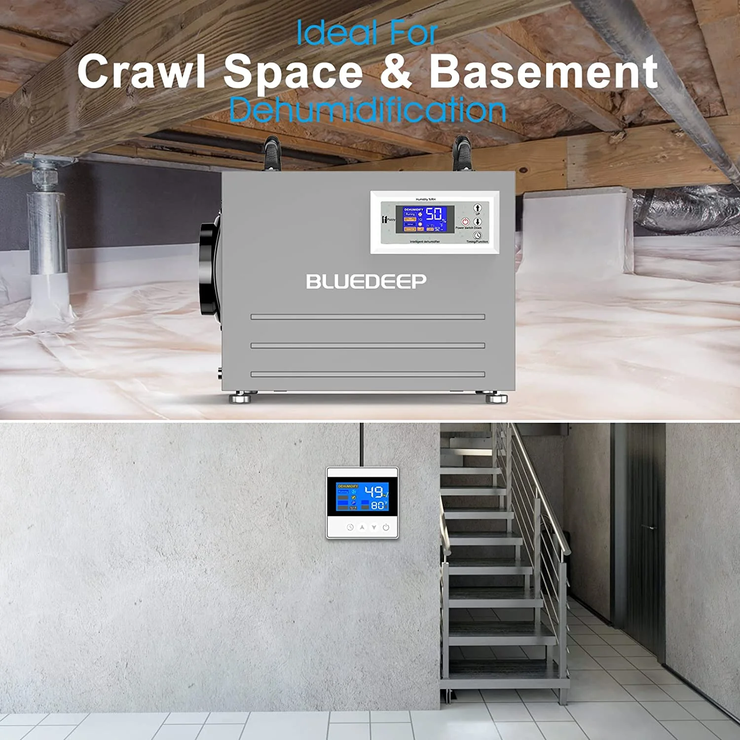 Basement/Crawl Space Dehumidifier,120 Pints Auto Defrost Commercial Dehumidifier with Drain Hose for Warehouse, Water Damage Storage,1 Years Warranty
