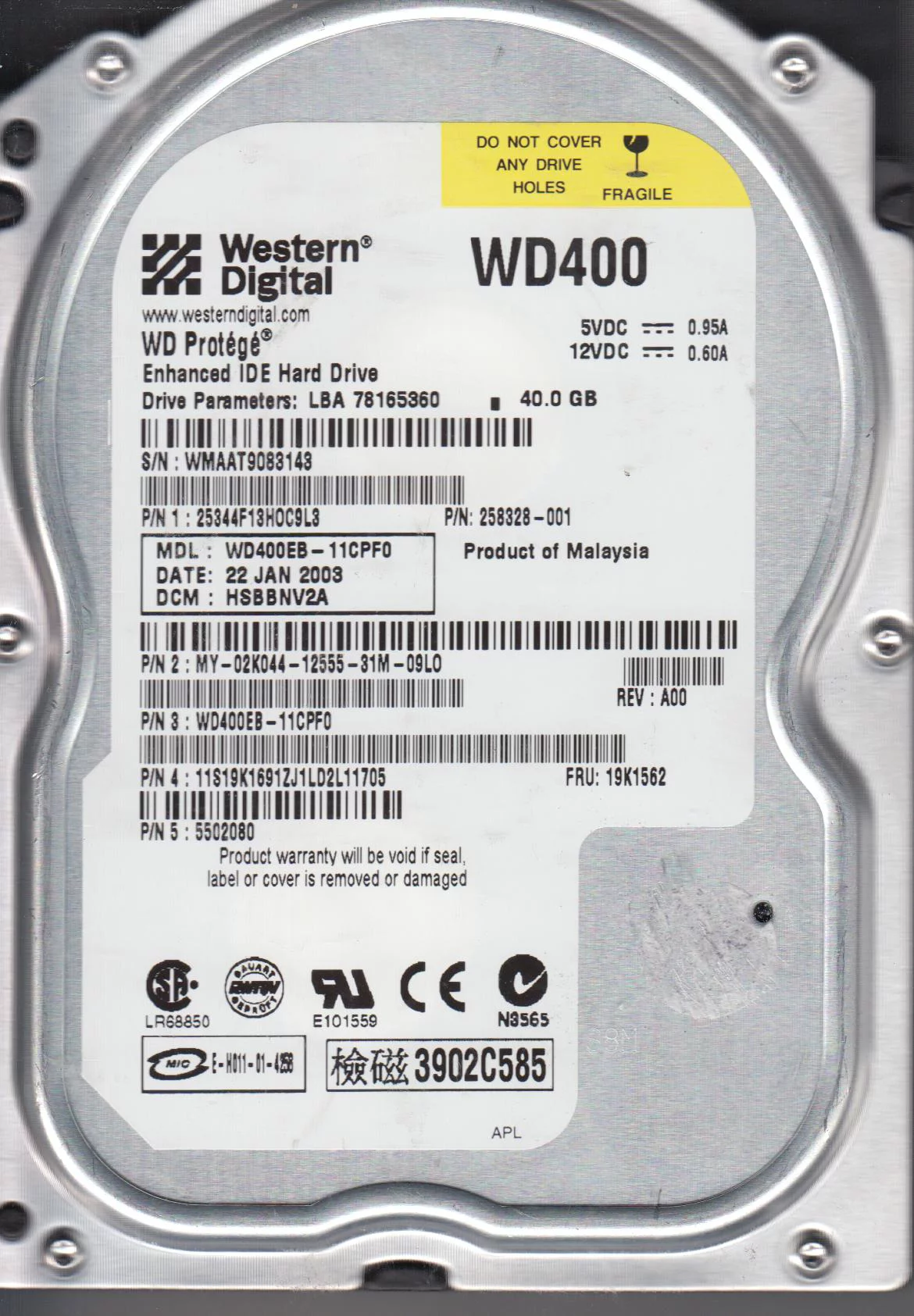 WD400EB-11CPF0, DCM HSBBNV2A, Western Digital 40GB IDE 3.5 Hard Drive