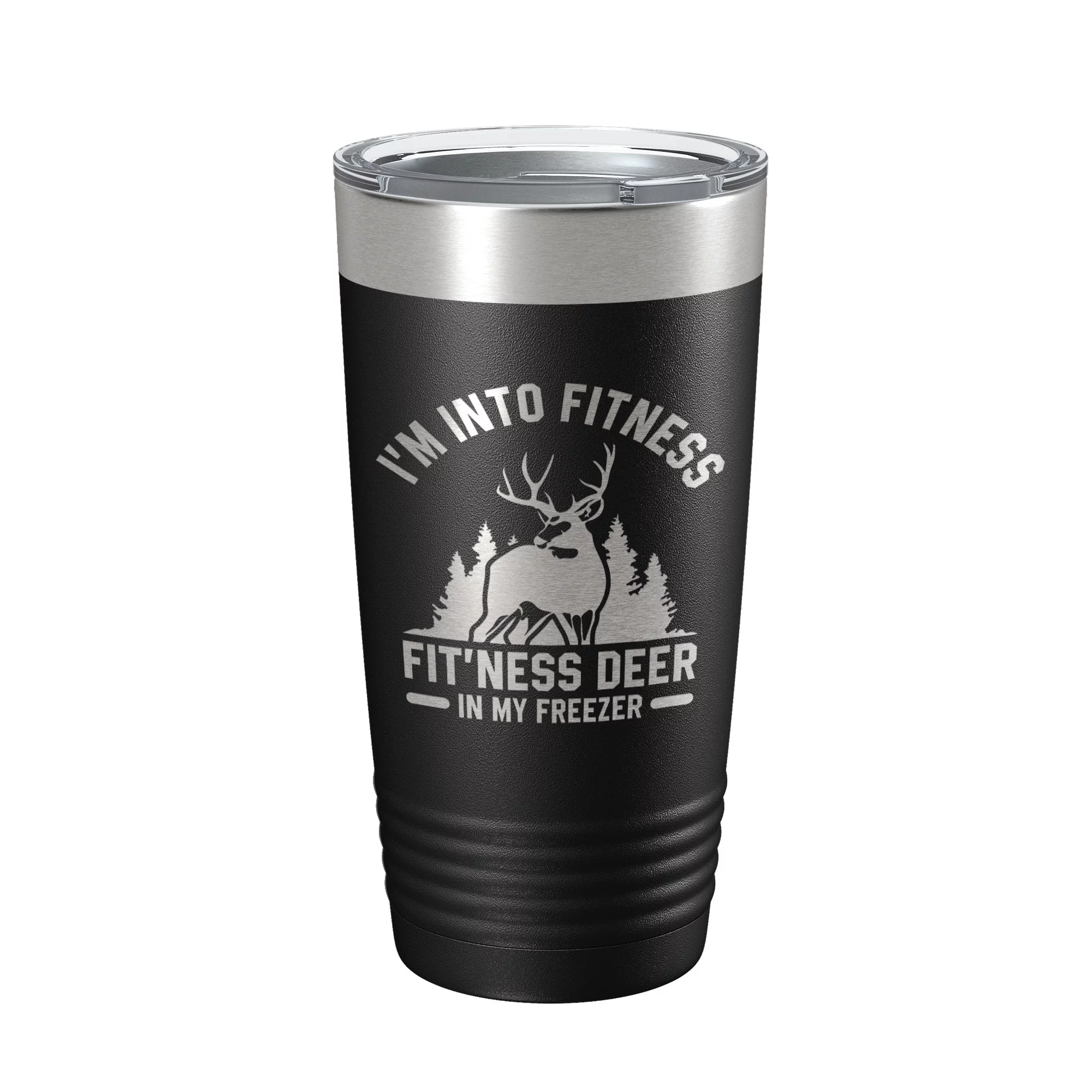 Deer Hunter Funny Tumbler Travel Mug I'm Into Fitness Fitting This Deer In My Freezer Insulated Laser Engraved Hunting Gift Coffee Cup 20 oz Black