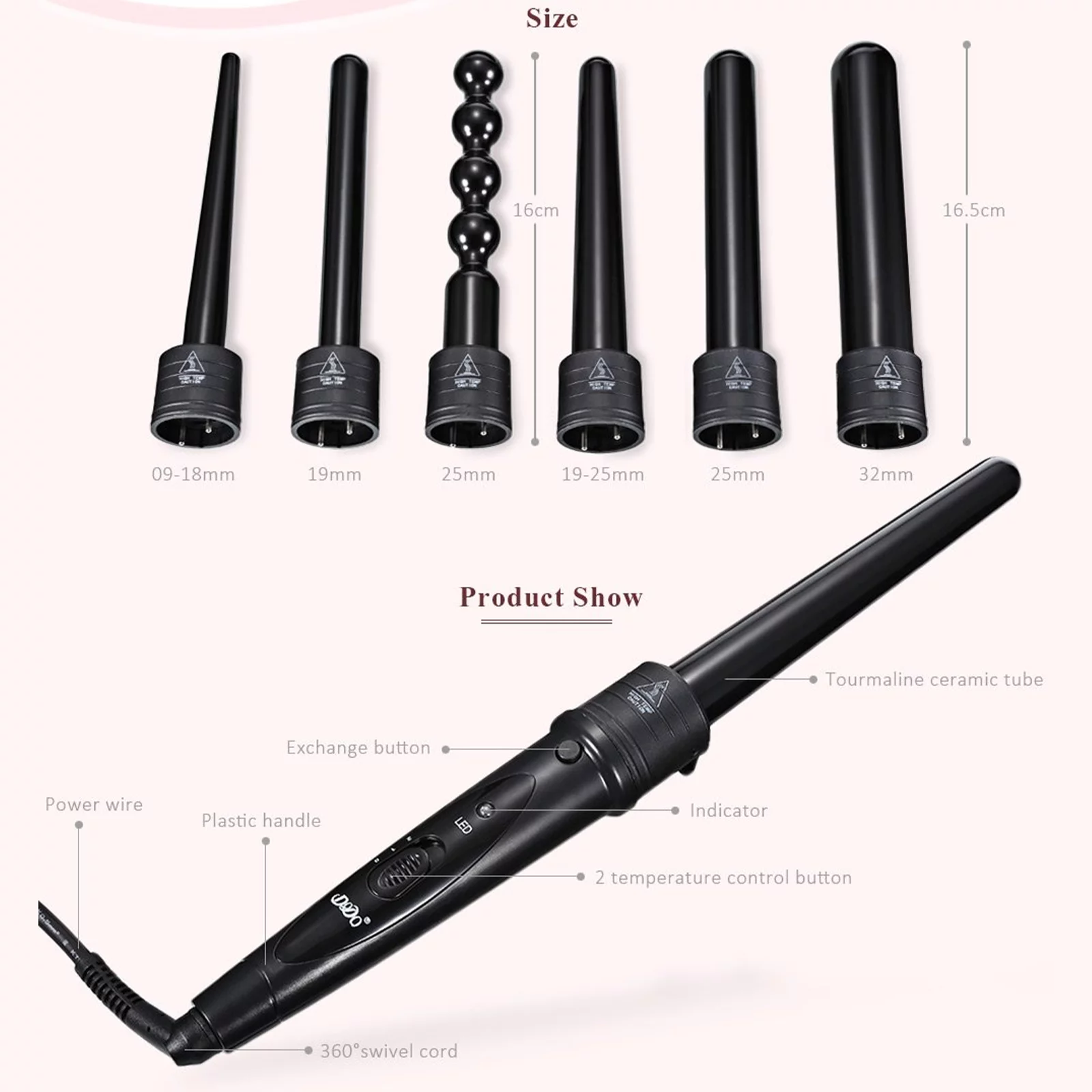 6-IN-1 Curling Iron Professional Curling Wand Set Instant Heat Up Hair Curler with 6 Interchangeable Ceramic Barrels (0.35'' to 1.25'') with Heat Protective Glove & 2 Clips